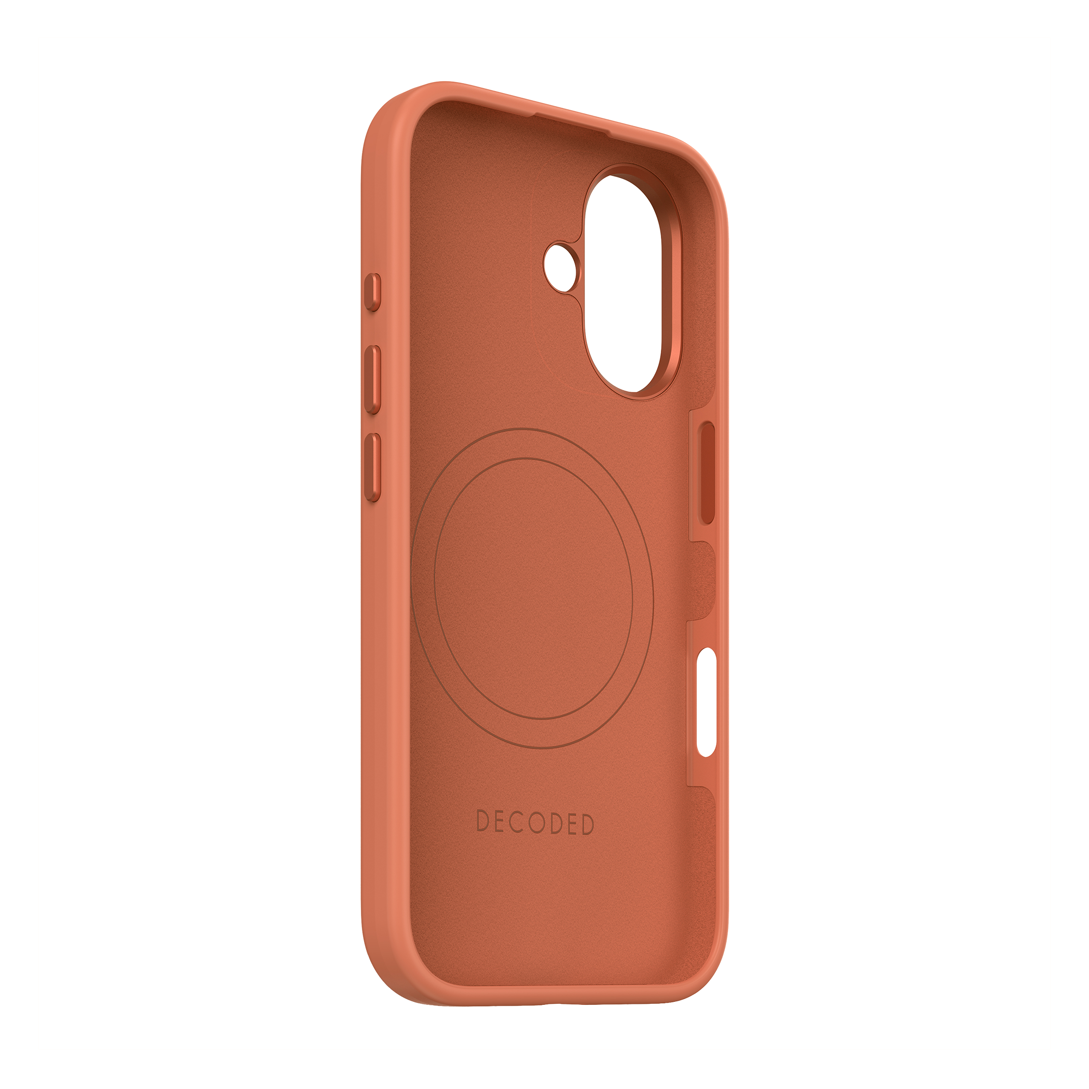Oranje telefoonhoes interieur met een cirkelvormig ontwerp voor draadloos opladen, zijknoppen zichtbaar.