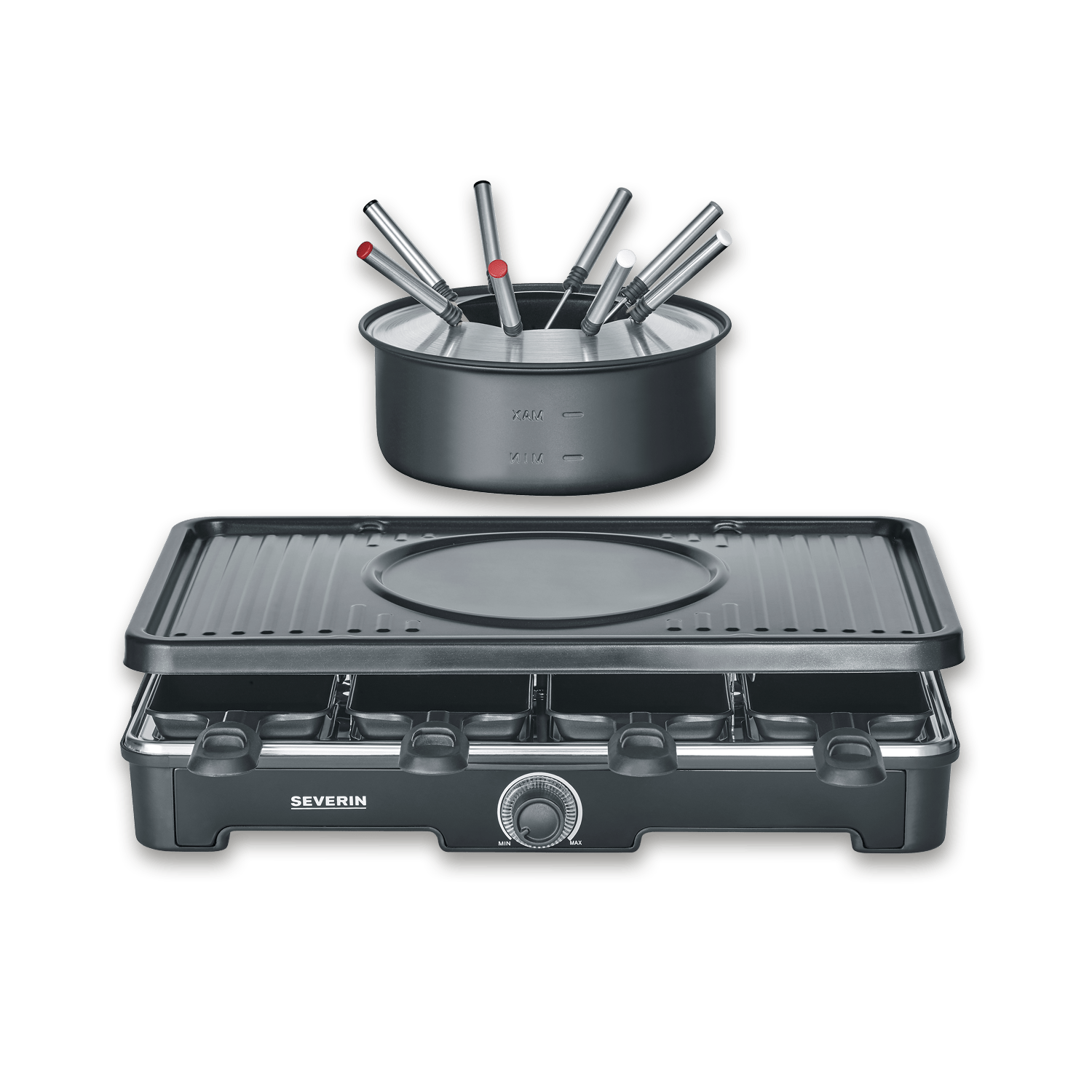 Czarny grill do raclette i garnek z łyżkami. Grill ma pokrętło i powierzchnię do grillowania.