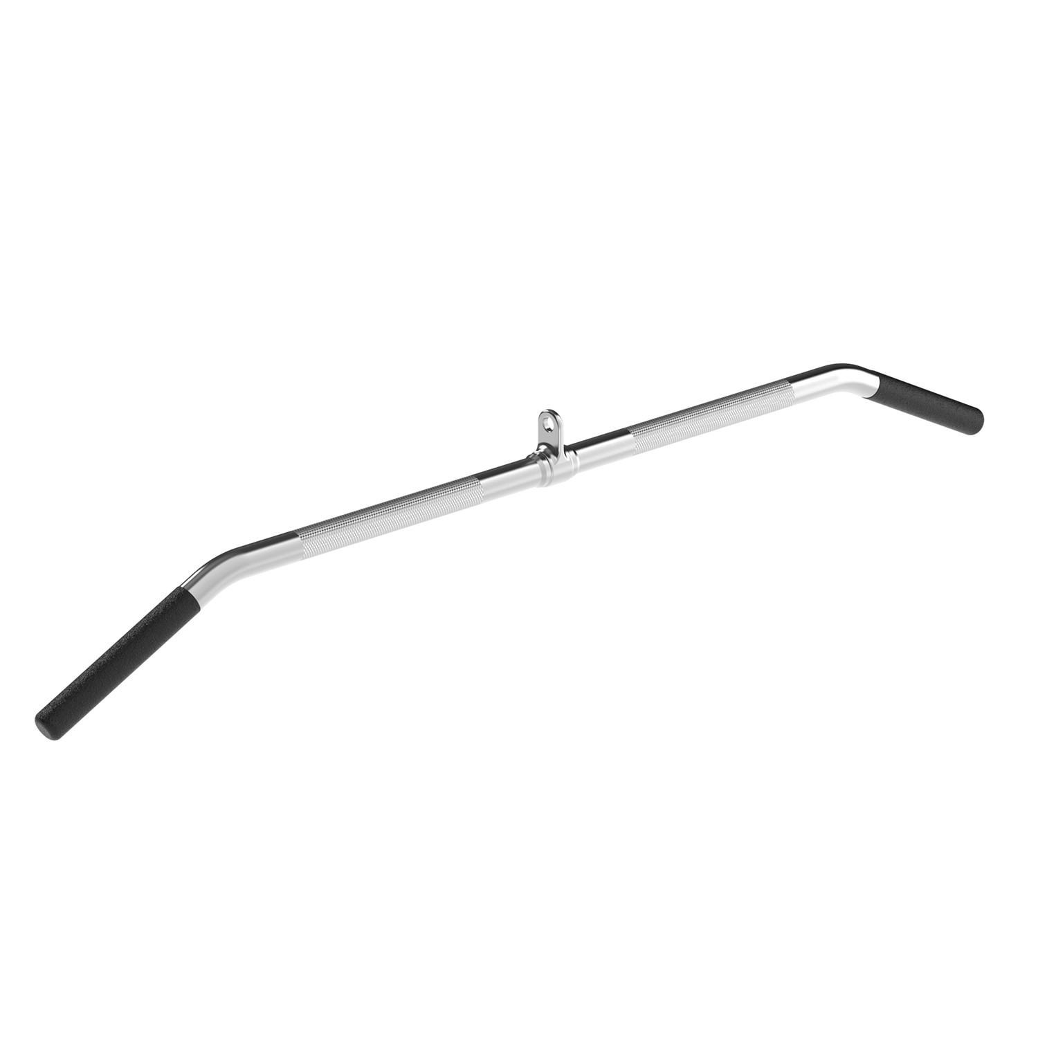 A silver gym lat bar with black grips at the ends.