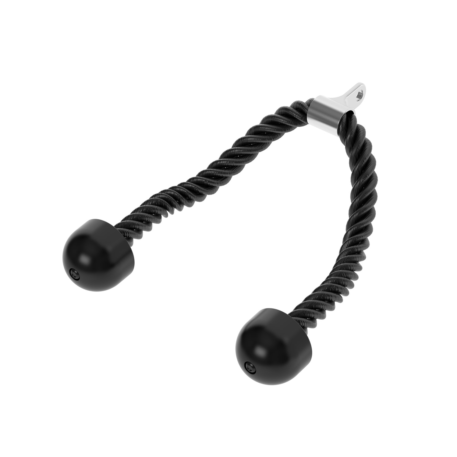 Black tricep rope attachment for cable machine. White background.
