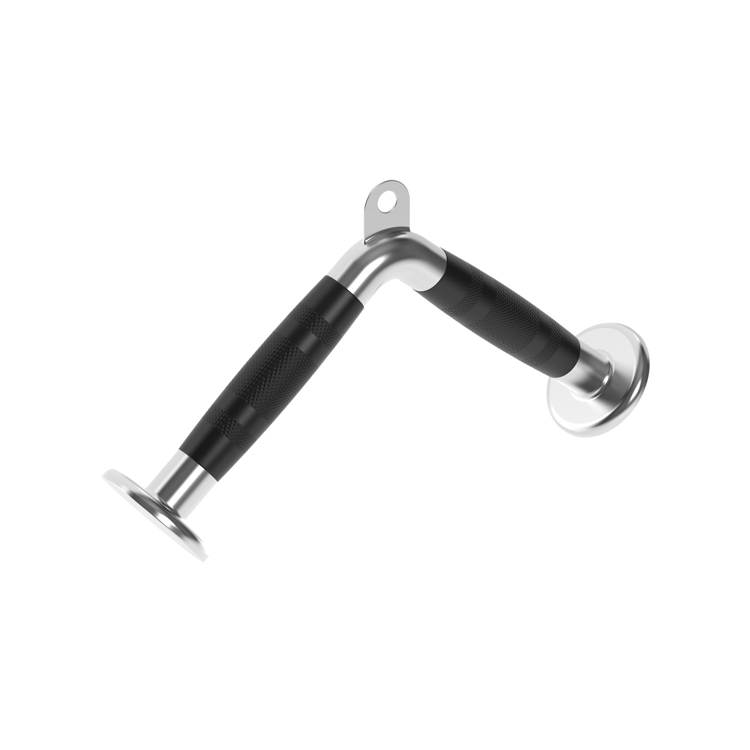 Gym lat pulldown bar, black grips, silver metal, white background.