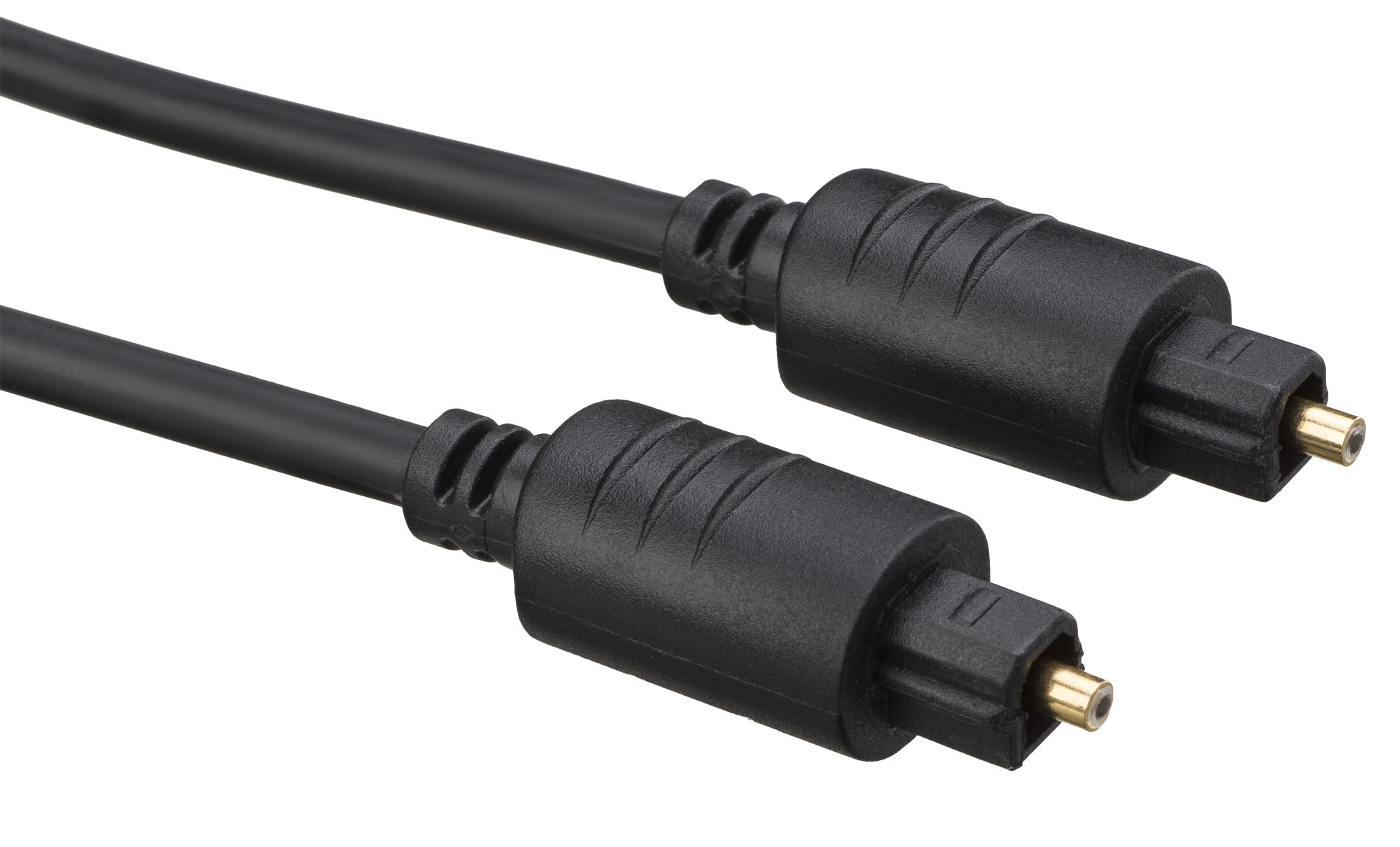 Un cavo audio ottico nero con due connettori.
