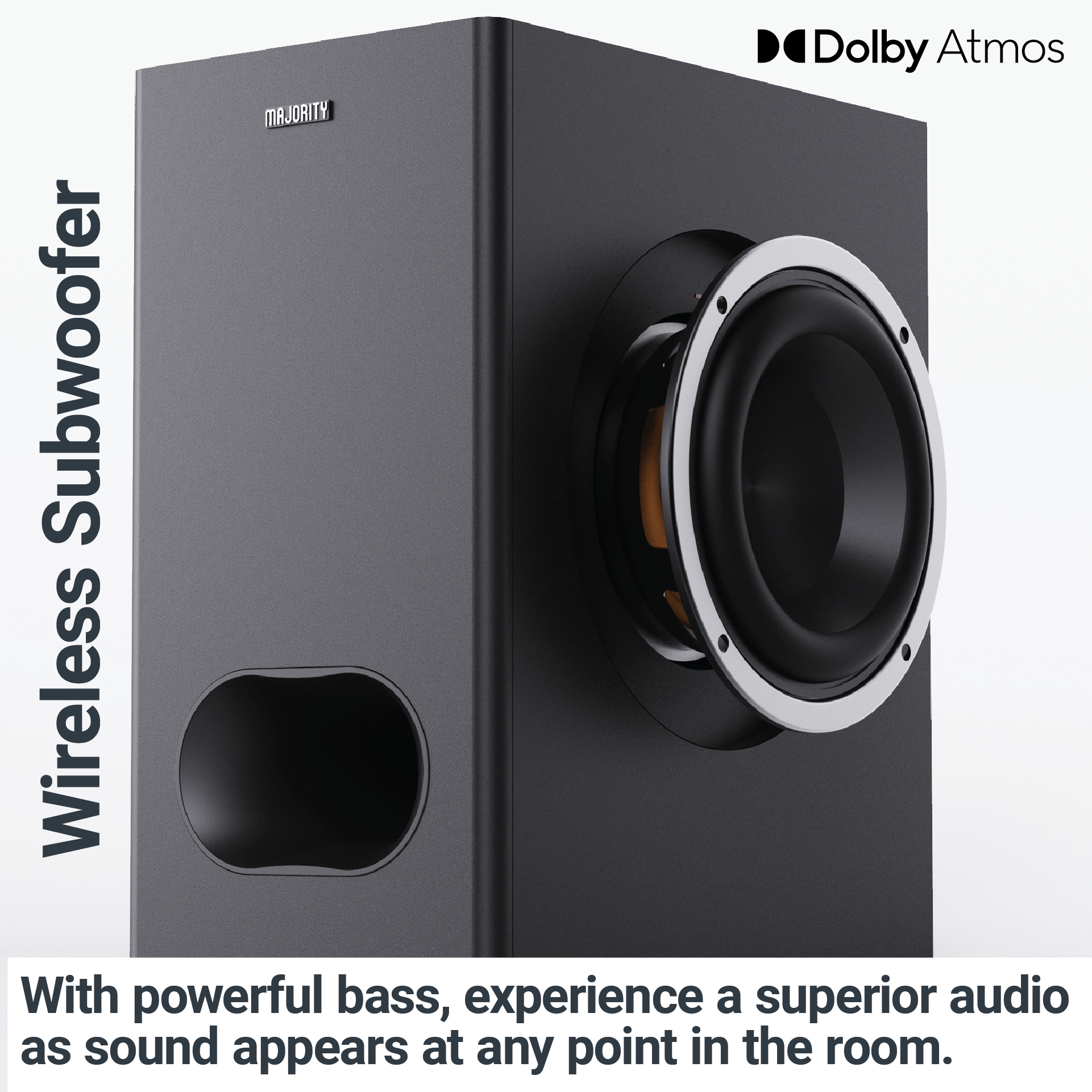 Un subwoofer wireless nero con un grande altoparlante e il testo: Wireless Subwoofer.