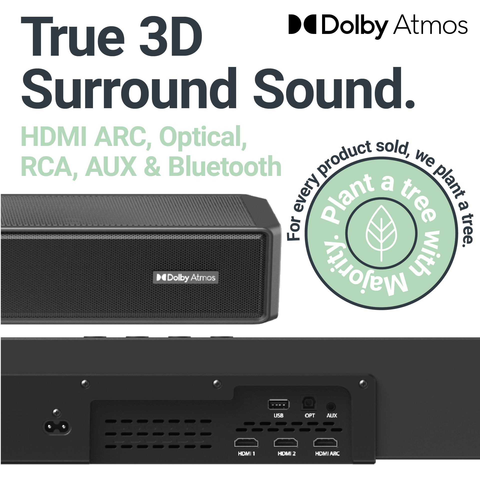 Soundbar nera con logo Dolby Atmos e porte posteriori, insieme a un grafico di piantagione di alberi.