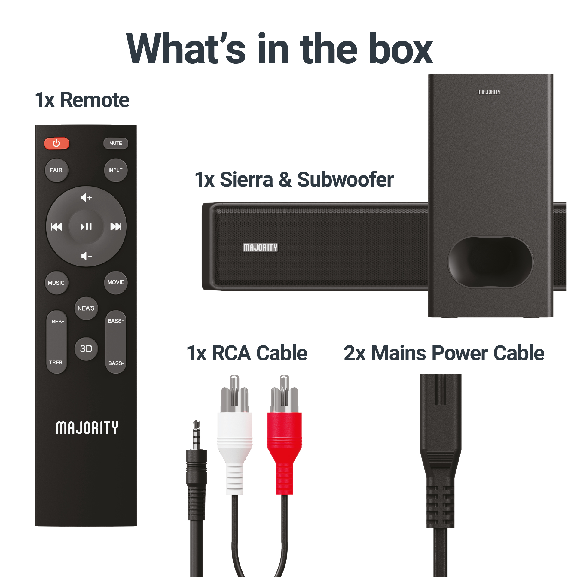 Una scatola con un telecomando, una soundbar, un subwoofer e cavi. Il testo recita 'Cosa c'è nella scatola'.