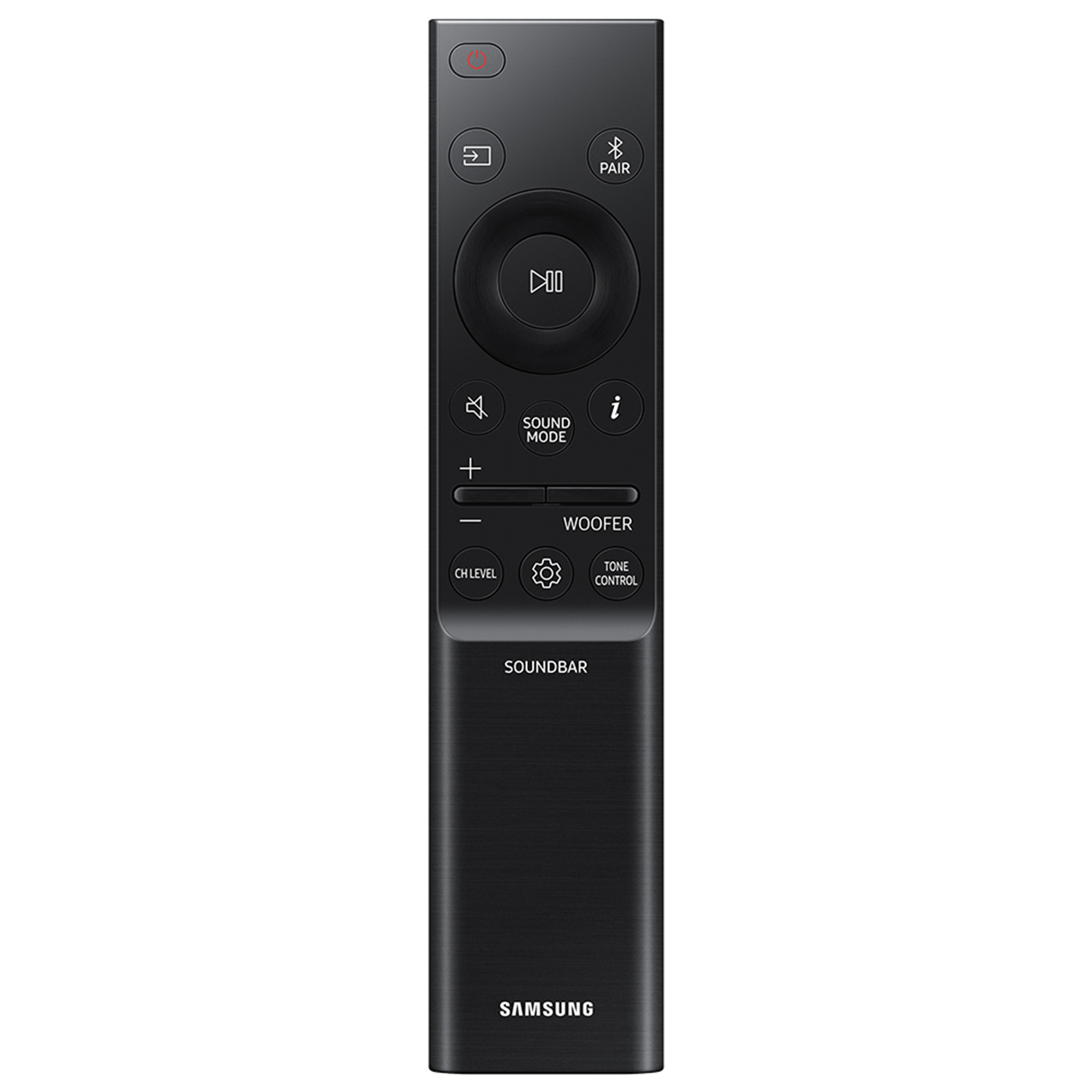 Un telecomando Samsung nero. Pulsanti includono accensione, modalità audio e woofer.