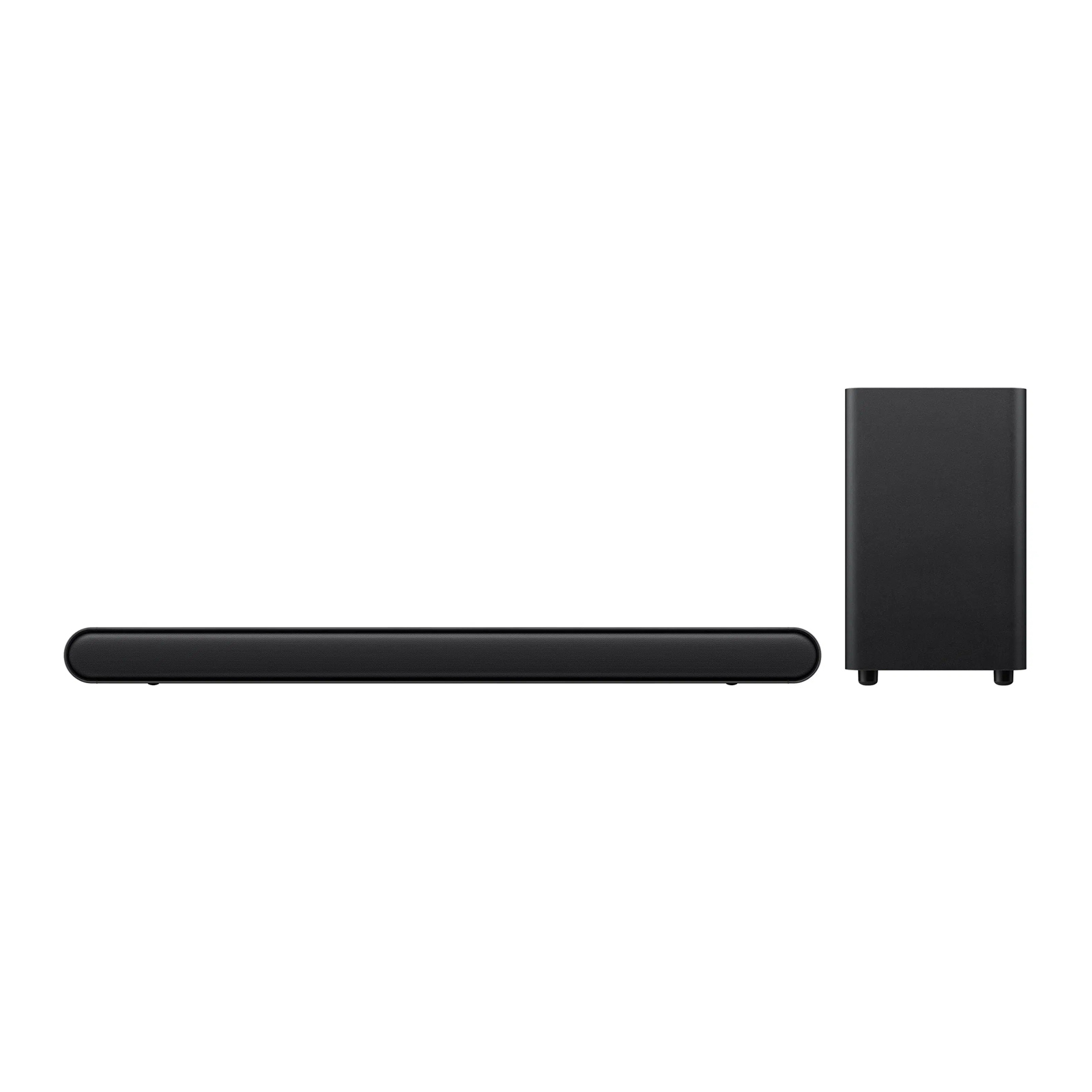 Beyaz zemin üzerinde siyah bir soundbar ve subwoofer.