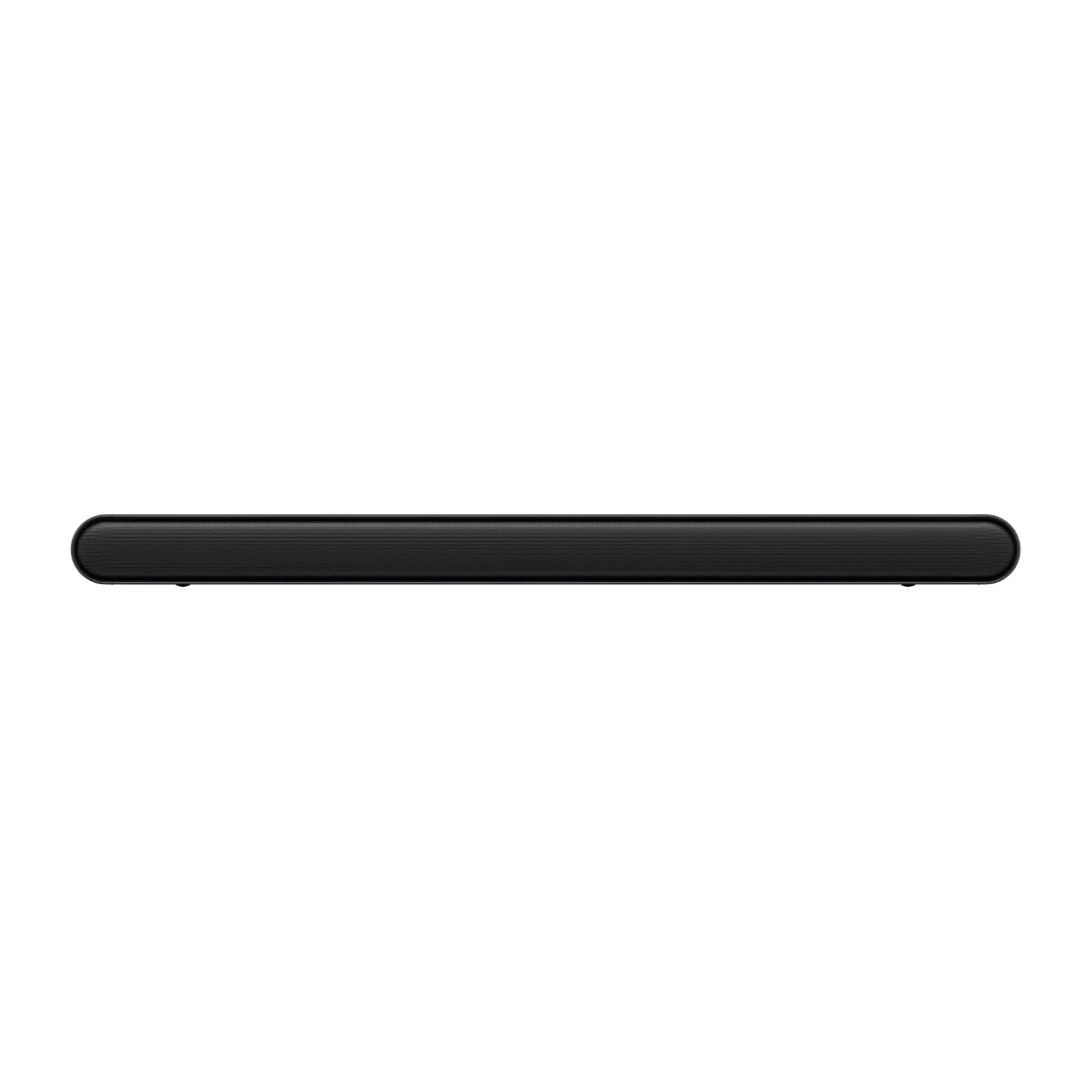 Siyah soundbar, önden görünüm, beyaz zemin üzerinde. Oval şekil.