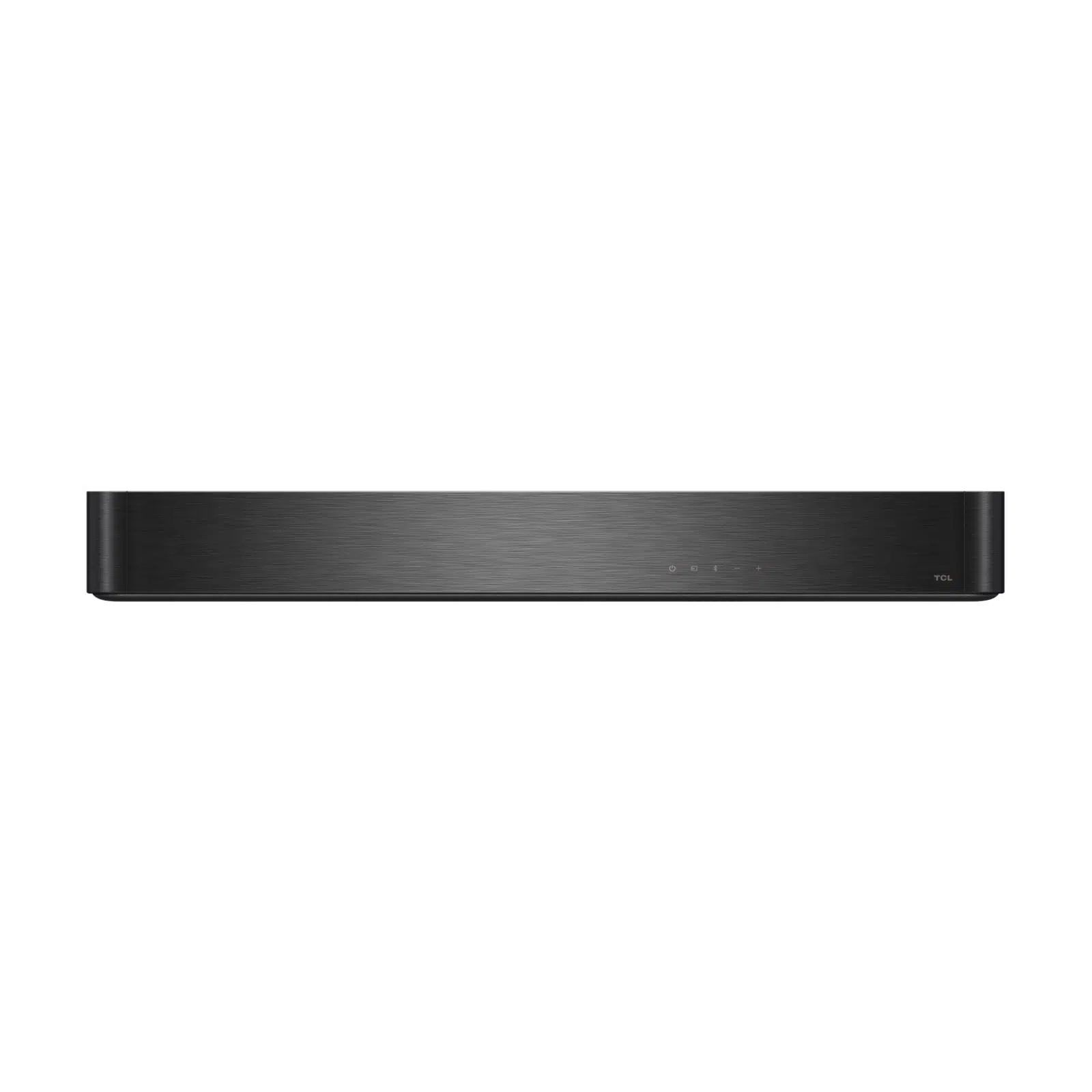 Siyah soundbar, ön görünüm, düğmelerle. Fırçalanmış metal yüzey. Beyaz zemin.