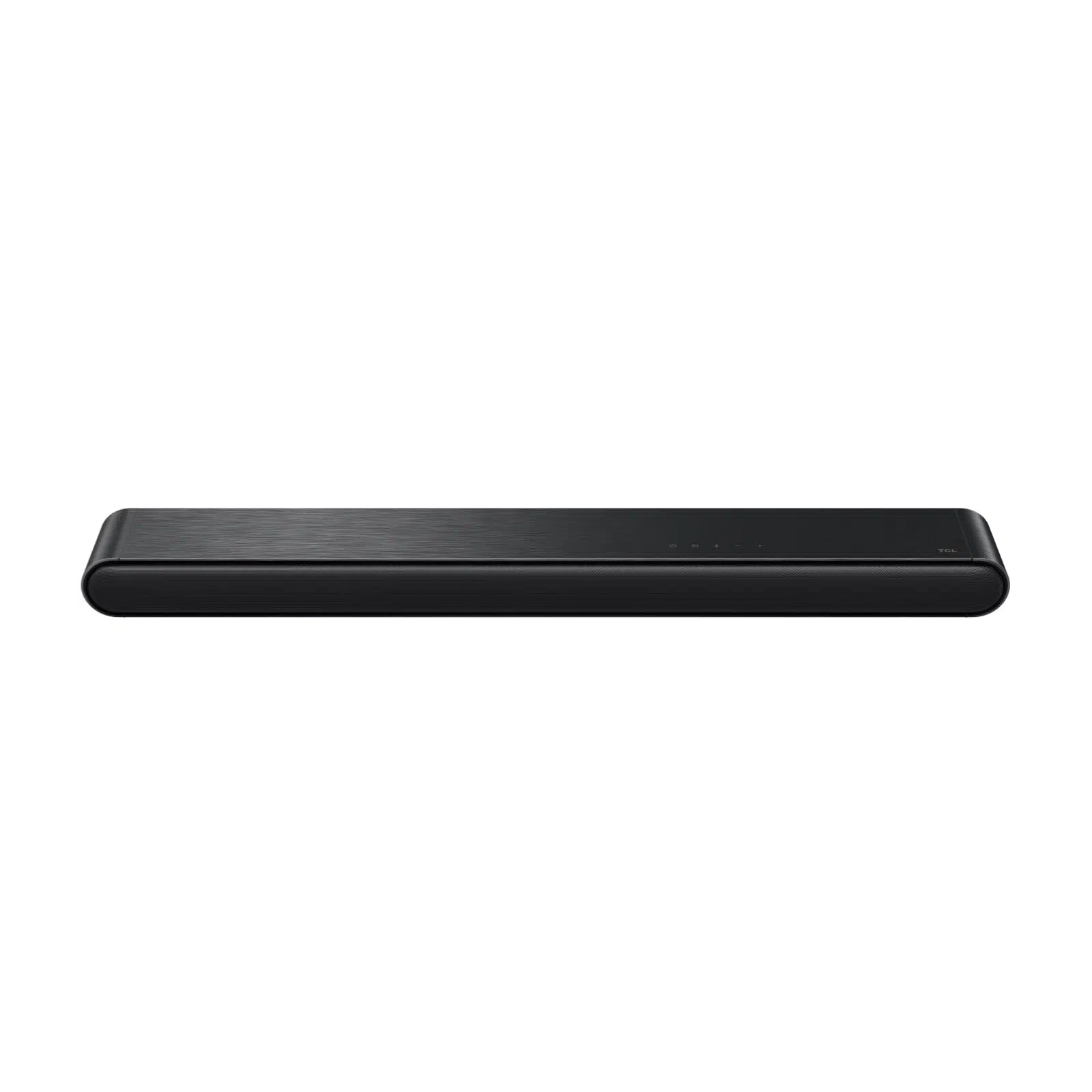Siyah, ince soundbar. Üst kısım fırçalanmış metal görünümüne sahip. Beyaz arka plan.