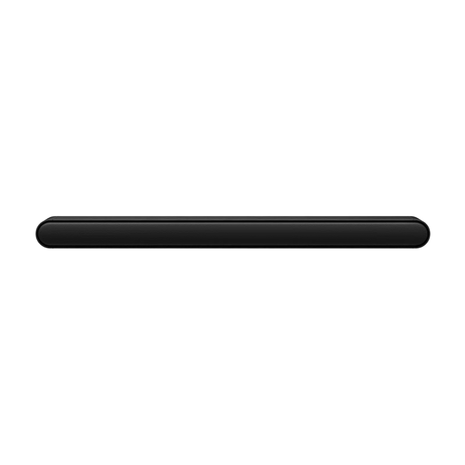 Beyaz zeminde siyah bir soundbar.