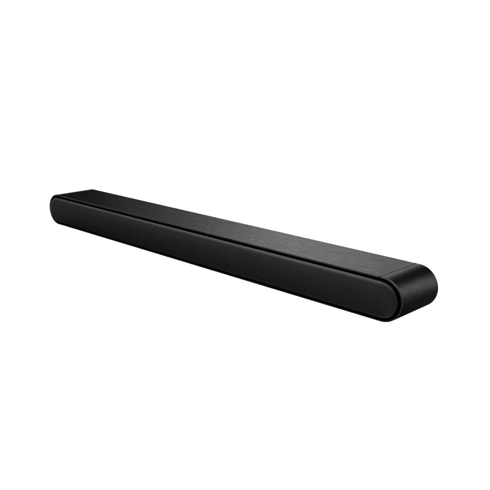 Yuvarlak köşeli siyah soundbar. Şık ve modern bir tasarım. Beyaz bir arka plan üzerinde.