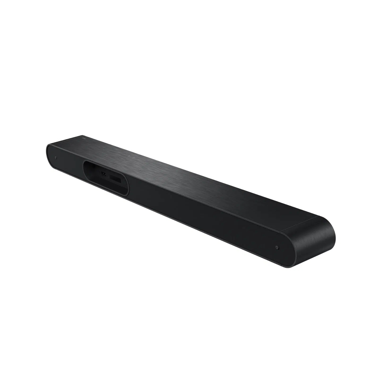 Beyaz bir yüzey üzerinde açılı duran siyah bir soundbar. Kavisli bir üst kısma ve küçük bir bağlantı noktasına sahip.