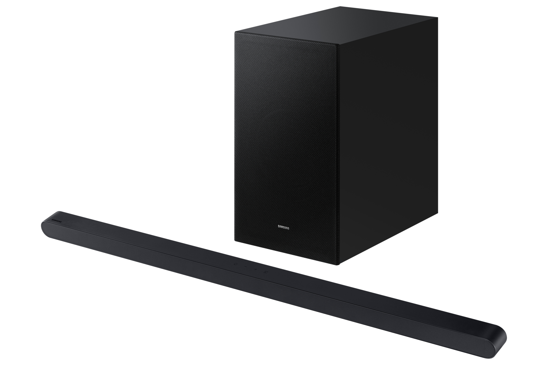 Black soundbar and subwoofer on white. Angled view, showing the set's design.