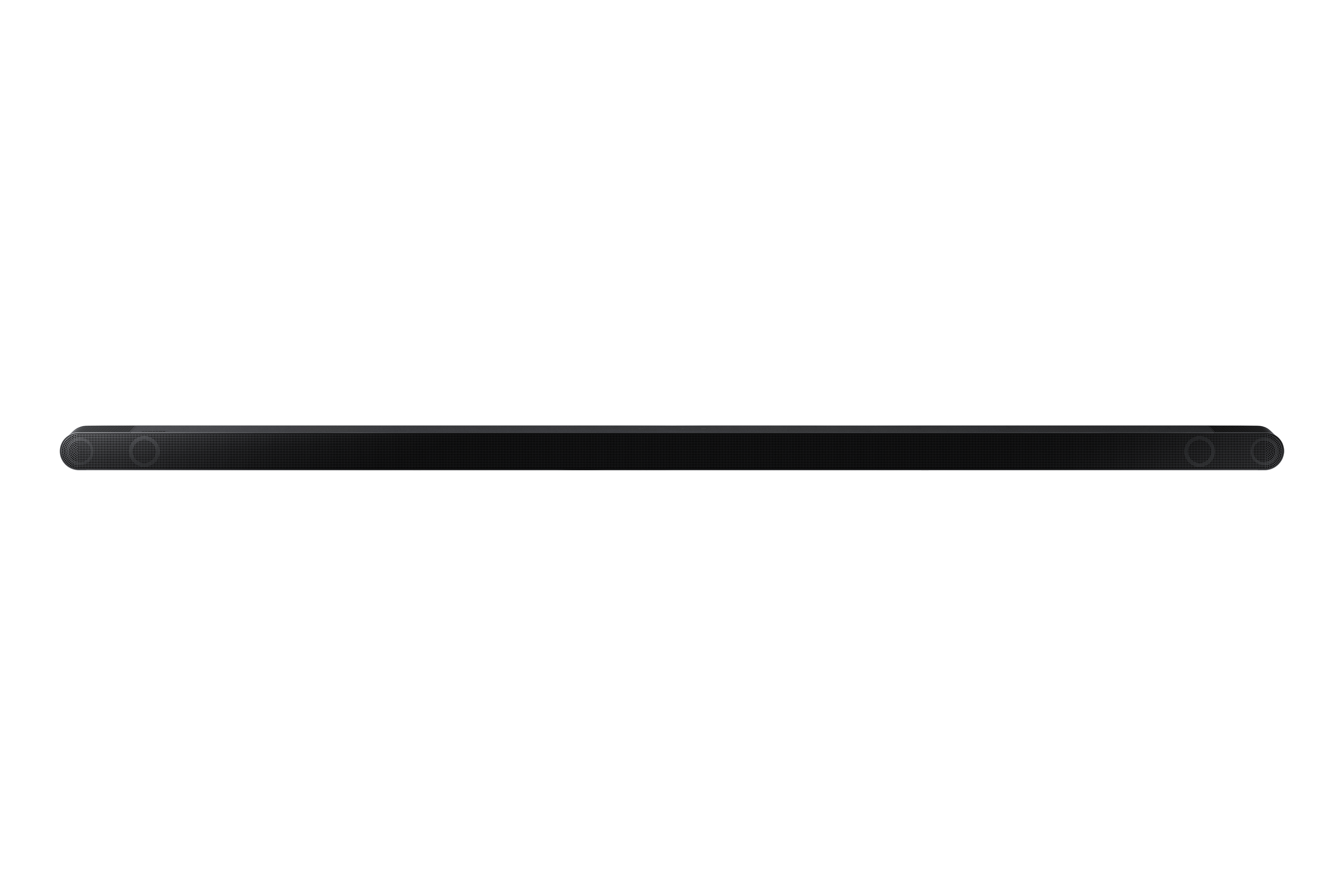 Una soundbar nera su sfondo bianco. È lunga e rettangolare. Nessun pulsante visibile. L'altoparlante ha una rete fine.