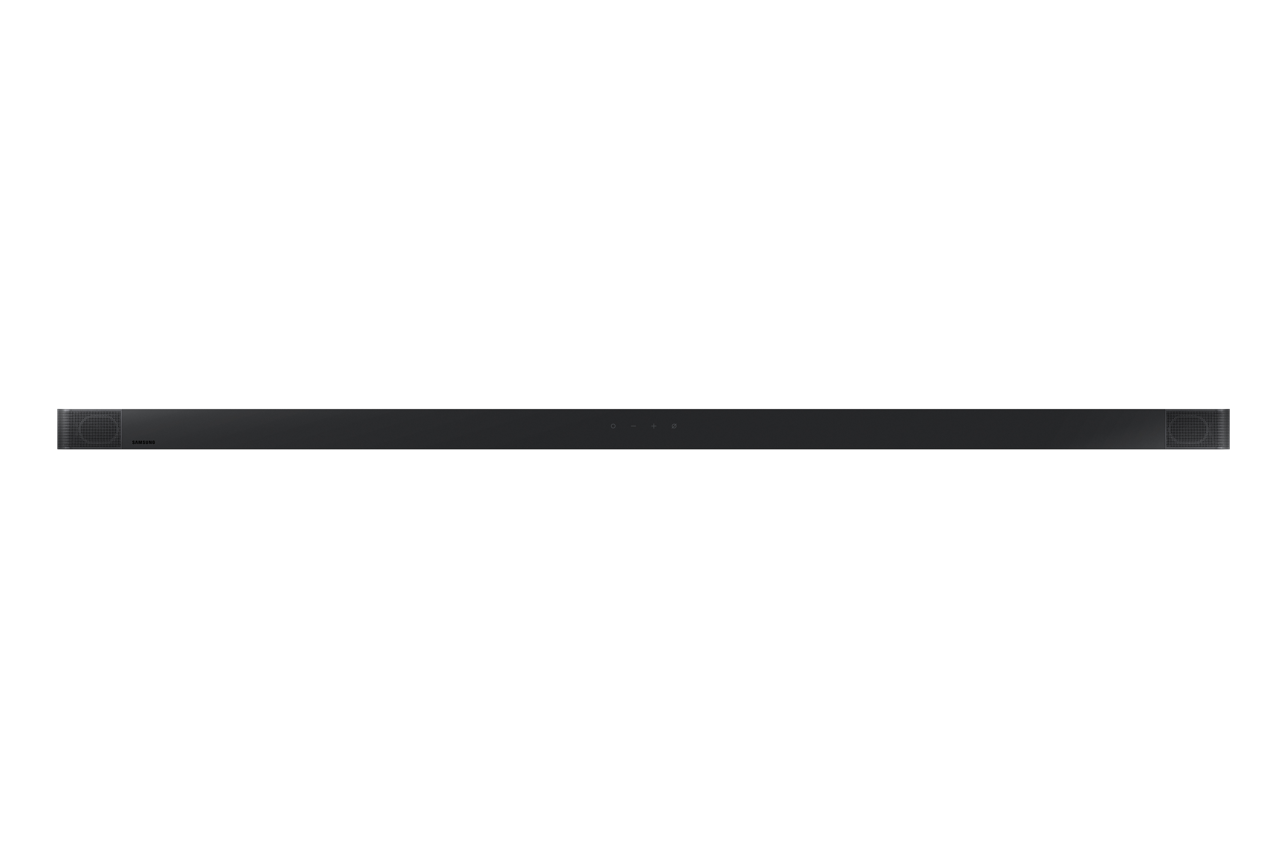 Soundbar nera e lunga su sfondo bianco. Design minimalista senza caratteristiche visibili.