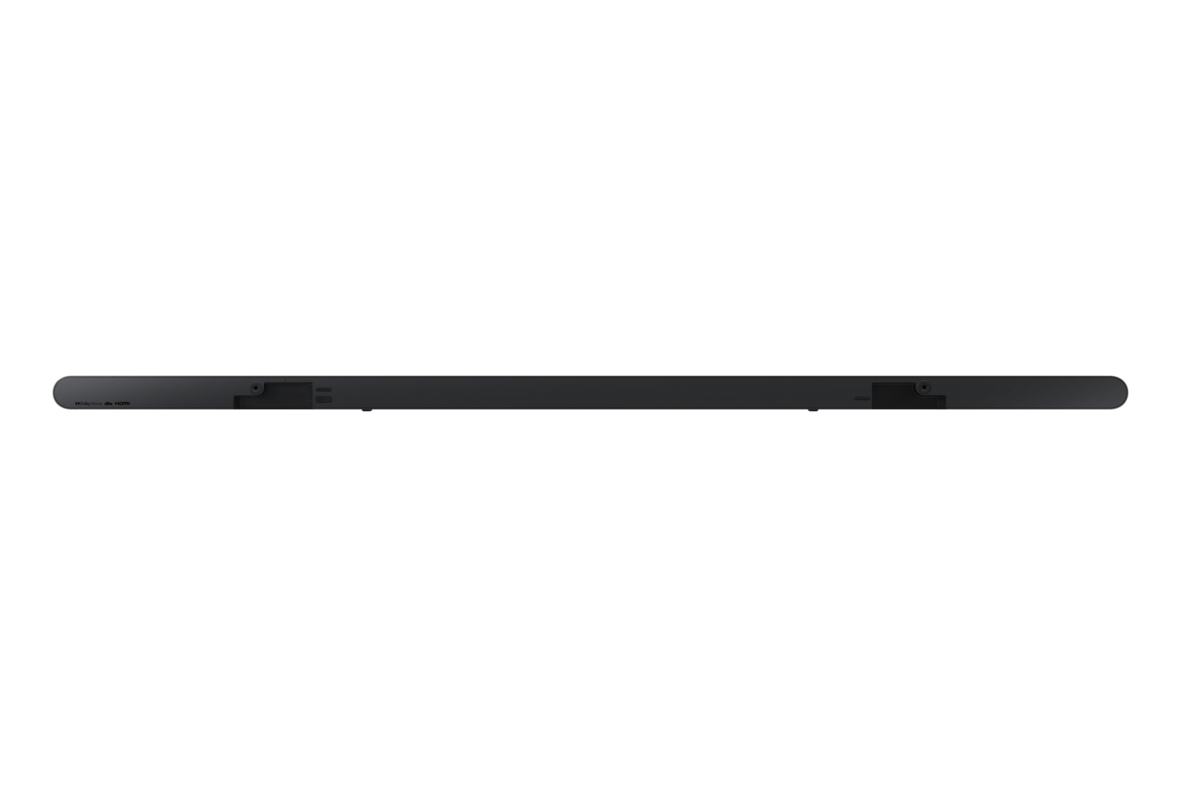 Soundbar nera, vista dal basso, su sfondo bianco. Marchio Samsung visibile.