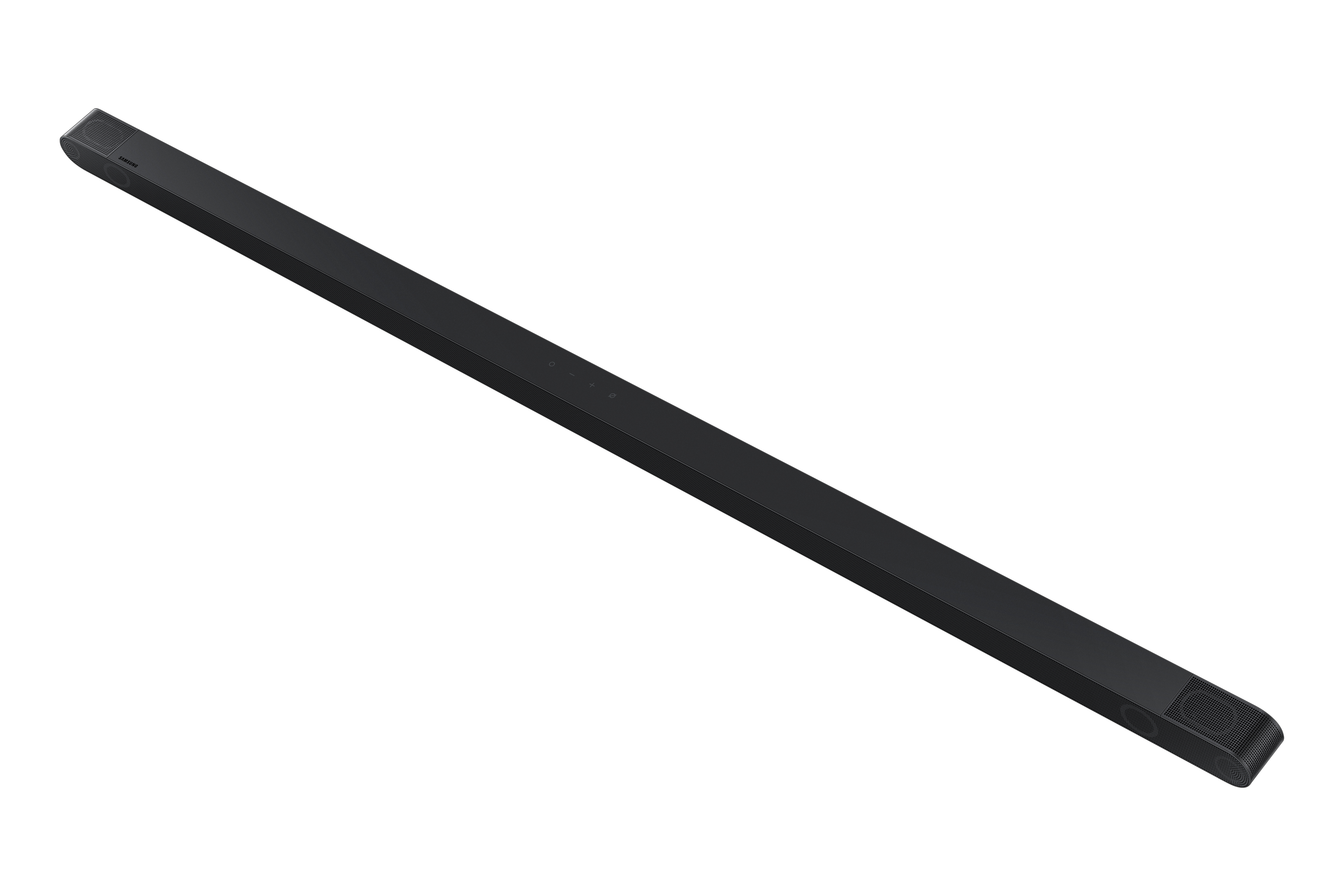 Soundbar nera su sfondo bianco. Vista angolata, che mostra la superficie superiore e i bordi arrotondati.