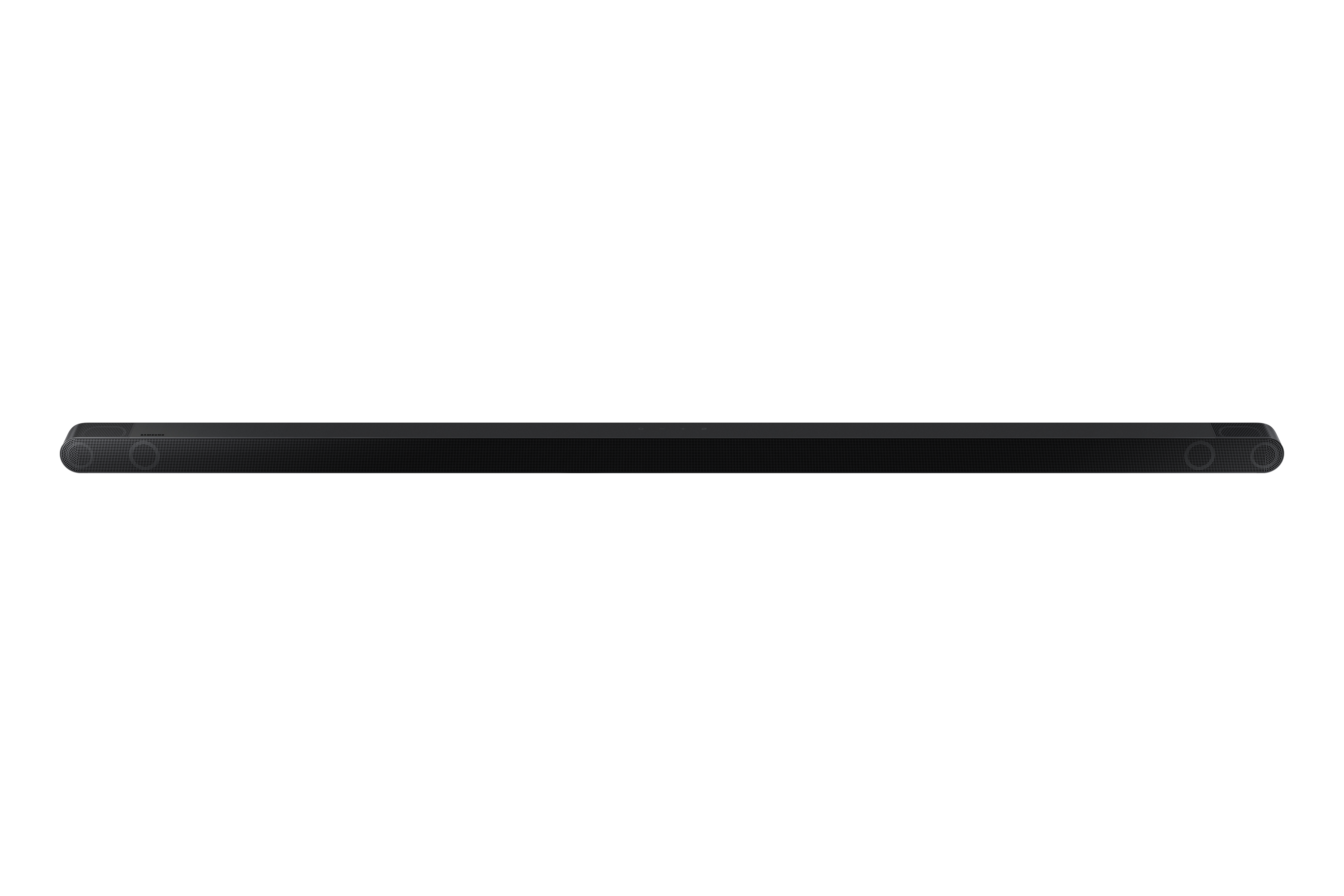 Soundbar nera, vista dall'alto, linea retta, sfondo bianco.