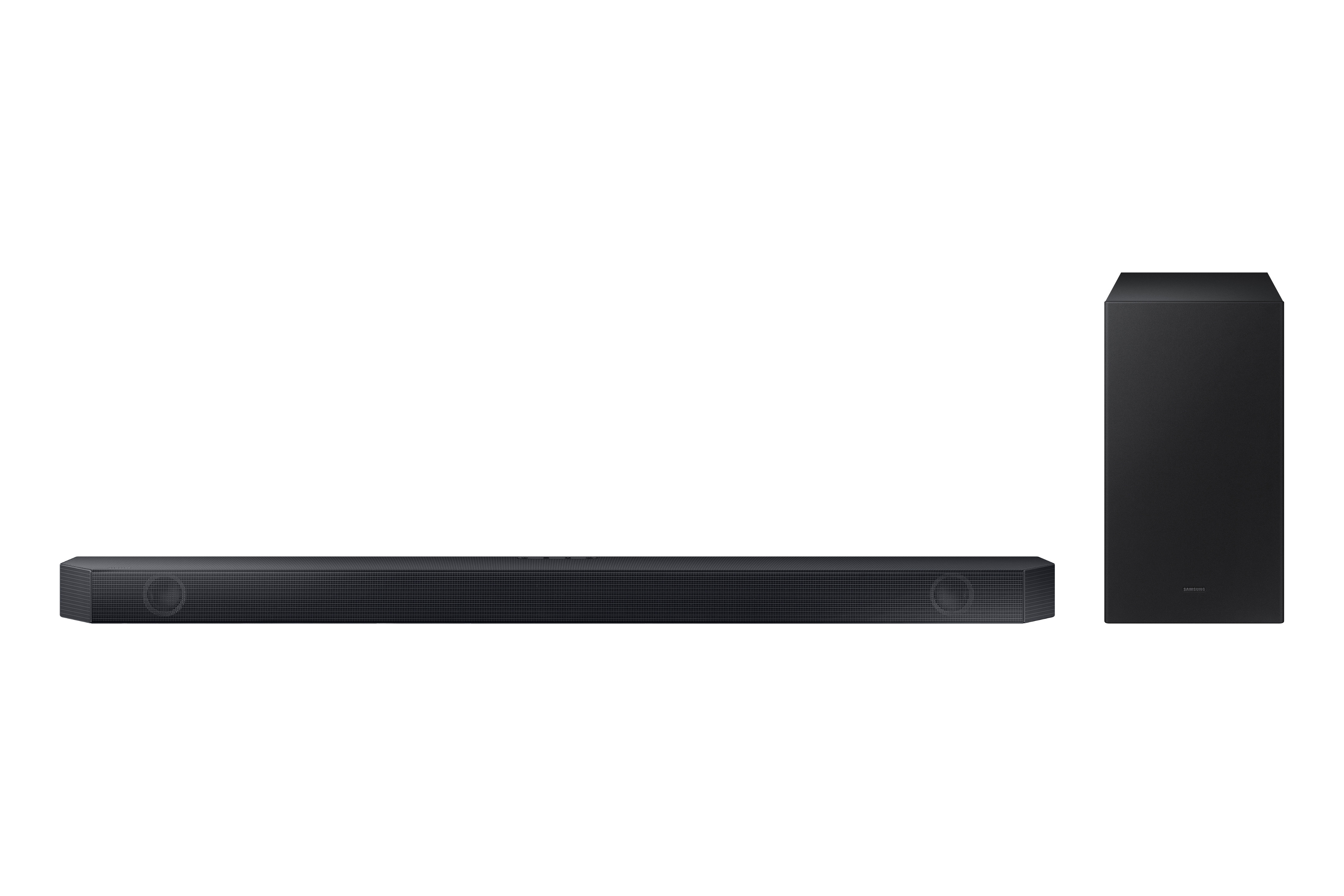 Schwarze Soundbar und Subwoofer auf weißem Hintergrund. Die Soundbar ist lang und dünn.