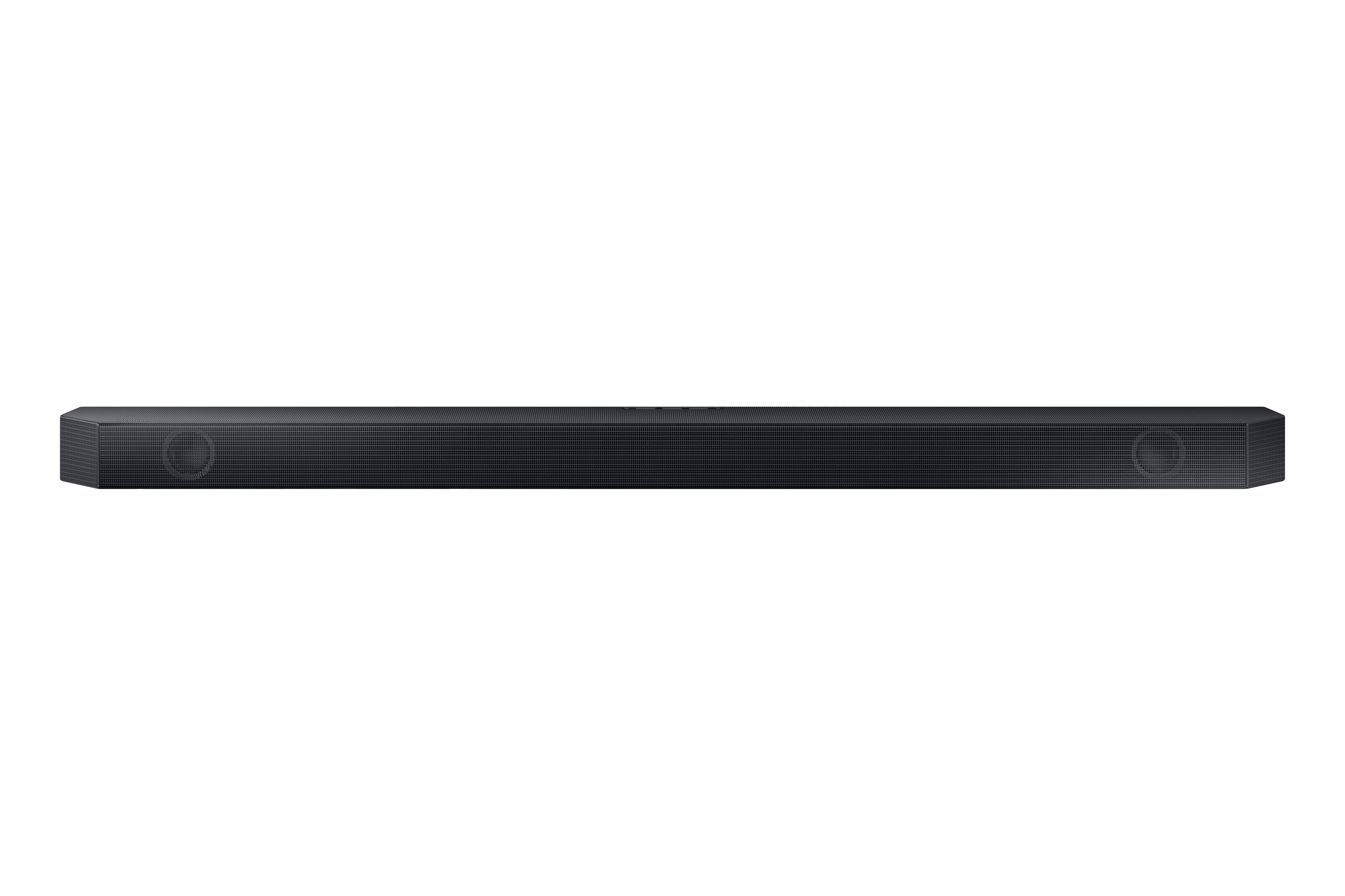 Schwarze Soundbar auf weißem Hintergrund. Sie ist lang und rechteckig.