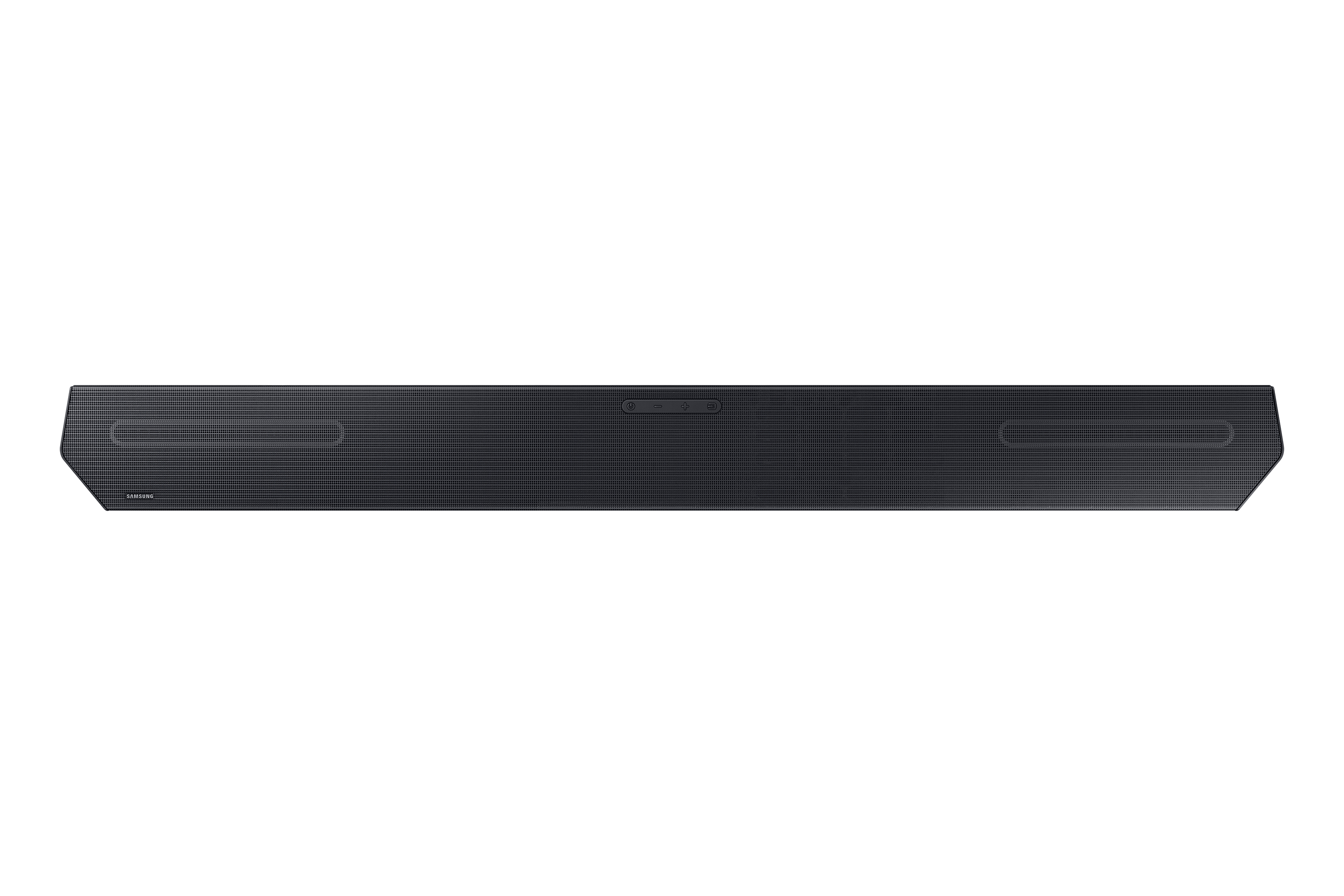 Schwarze Soundbar. Samsung-Logo links. Eckiges Design.