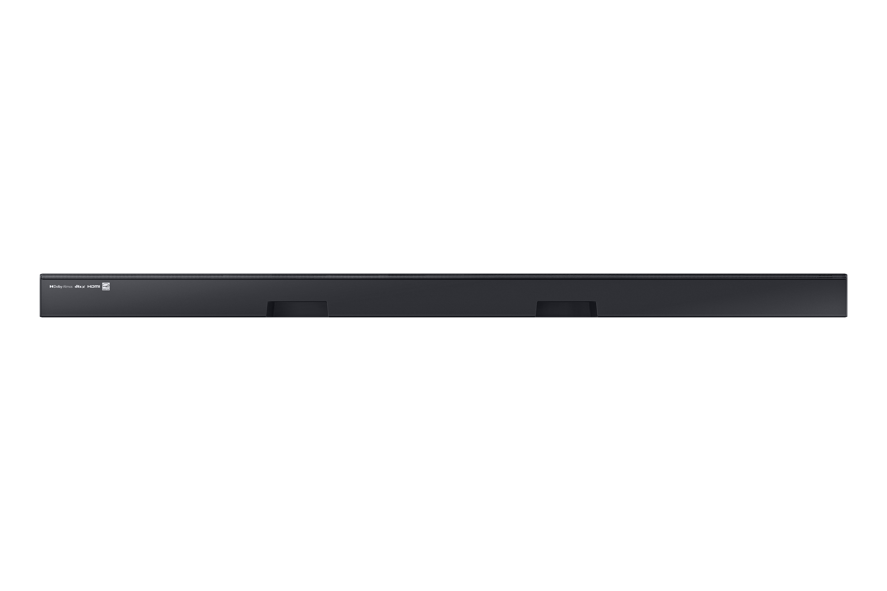Schwarze Soundbar. Sie hat eine rechteckige Form und ist auf weissem Hintergrund platziert.