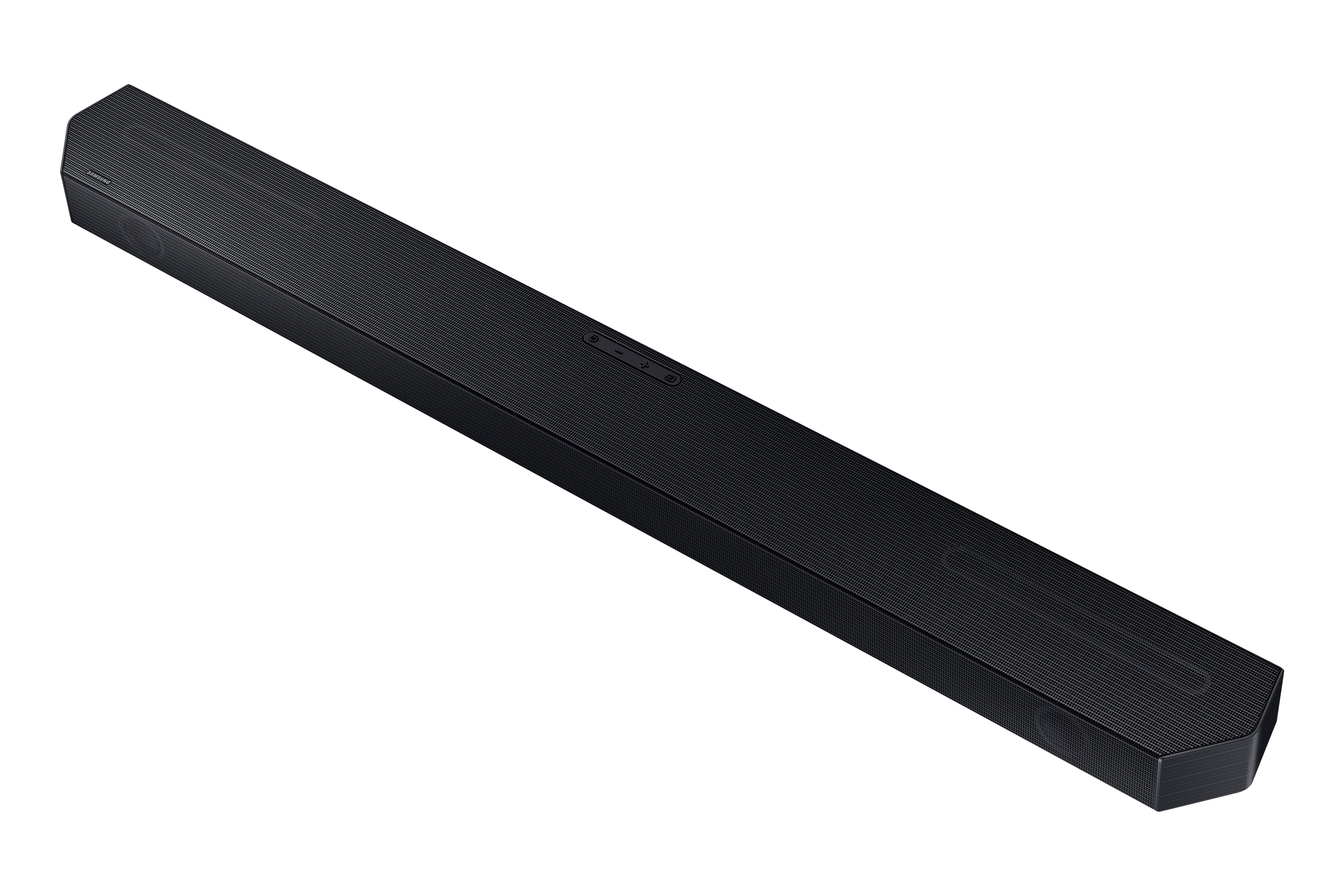 Schwarze Soundbar auf weißem Hintergrund. Samsung-Logo.