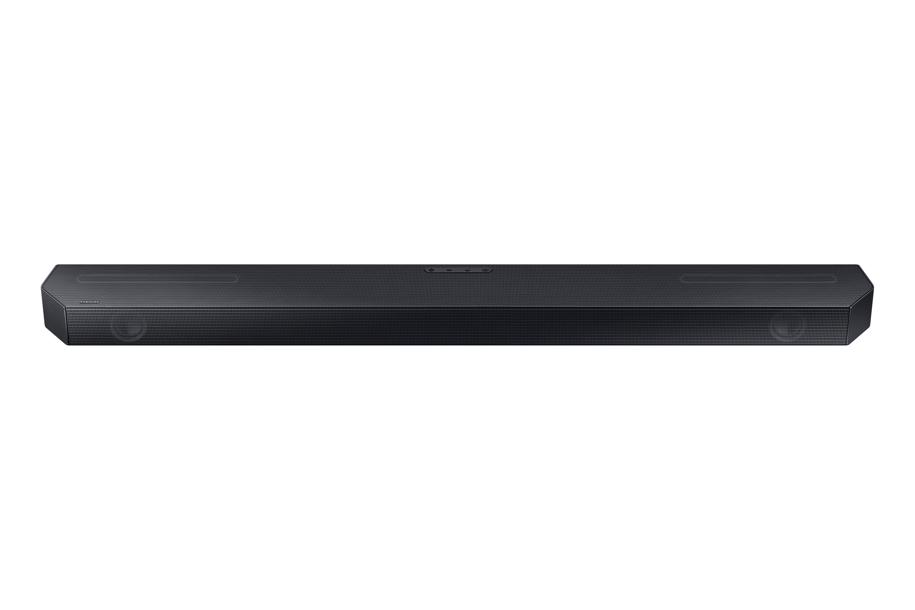 Schwarze Soundbar auf weißem Hintergrund.