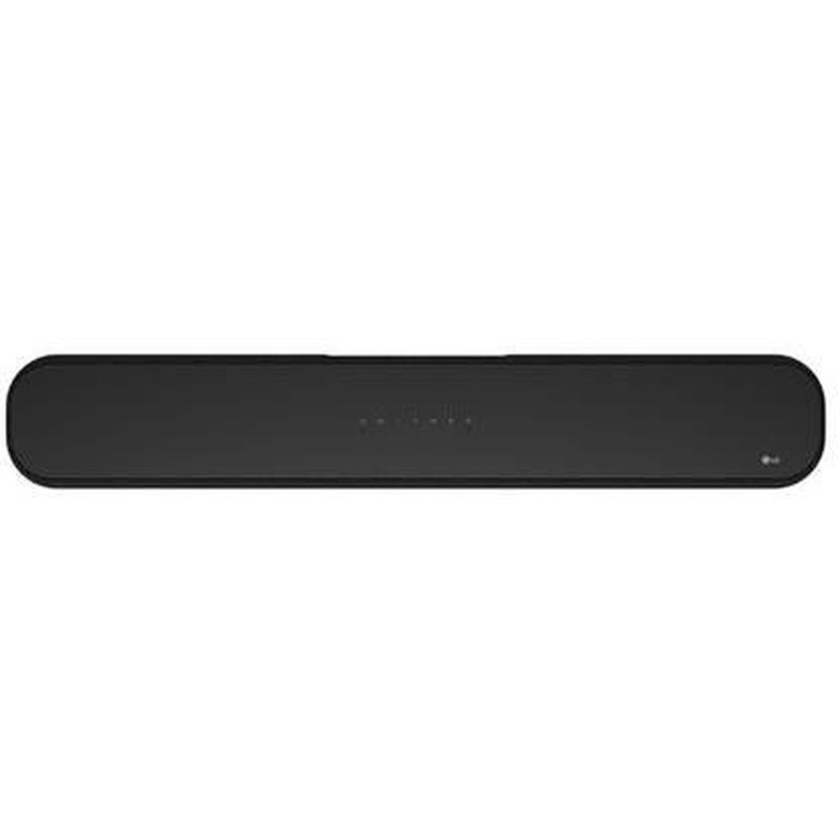 Schwarze Soundbar, Draufsicht, mit einer Reihe kleiner Lichter und abgerundeten Ecken, auf weißem Hintergrund.