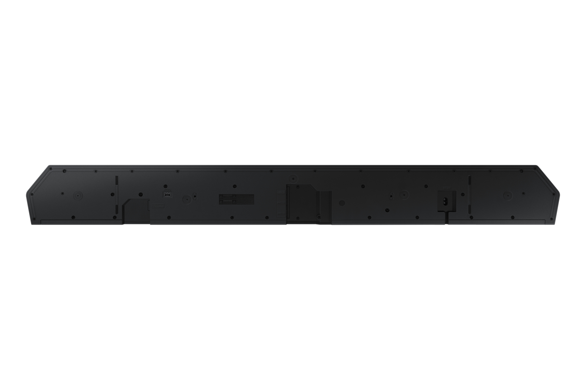 Soundbar nera su sfondo bianco. Vista posteriore con porte e connessioni.