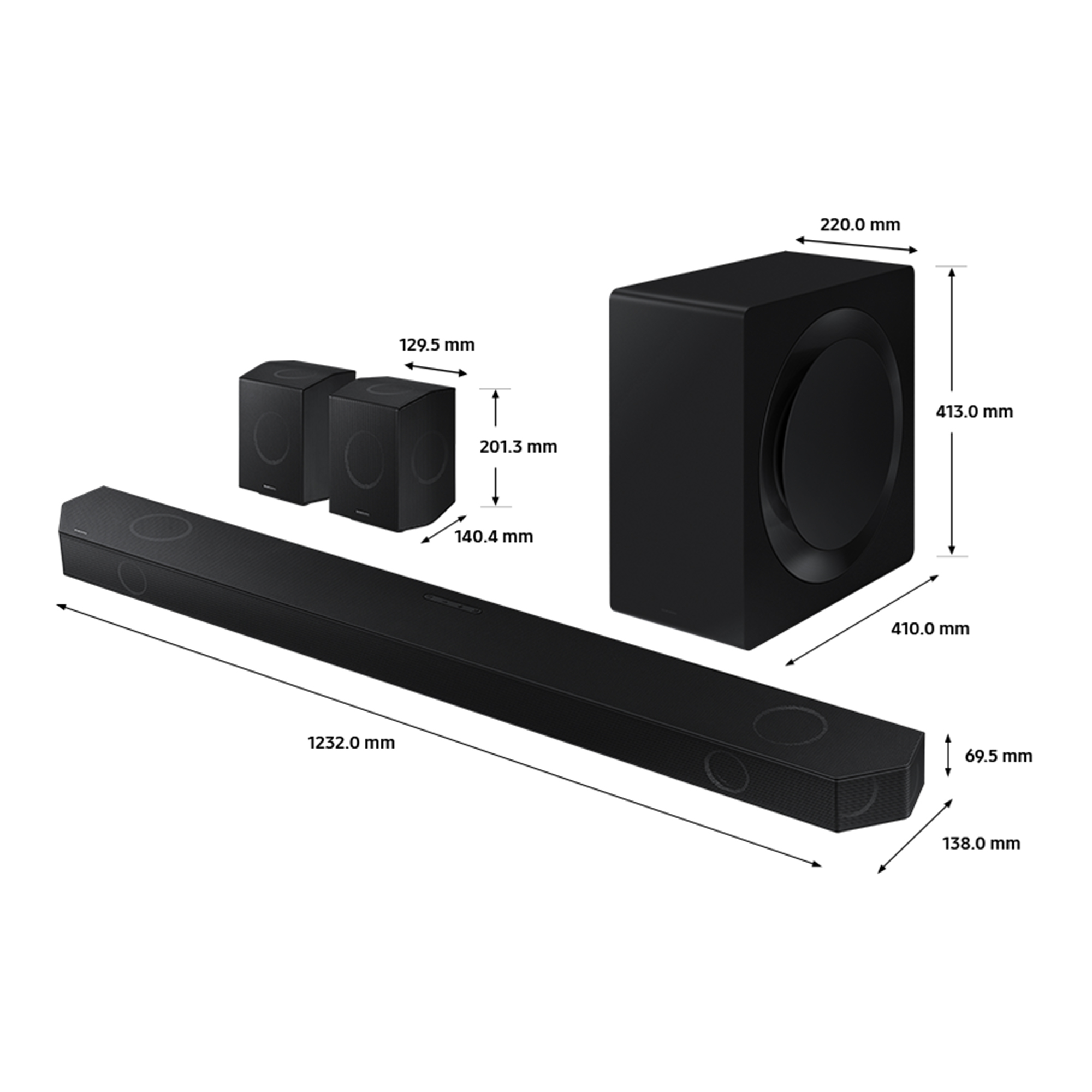 Soundbar nera con subwoofer e due altoparlanti posteriori, con dimensioni.