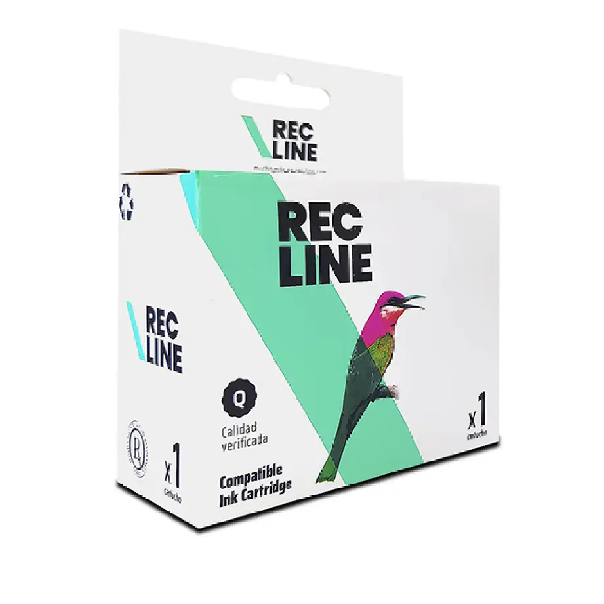 Caja con cartuchos de tinta. Blanca con texto REC LINE e ilustración de colibrí.
