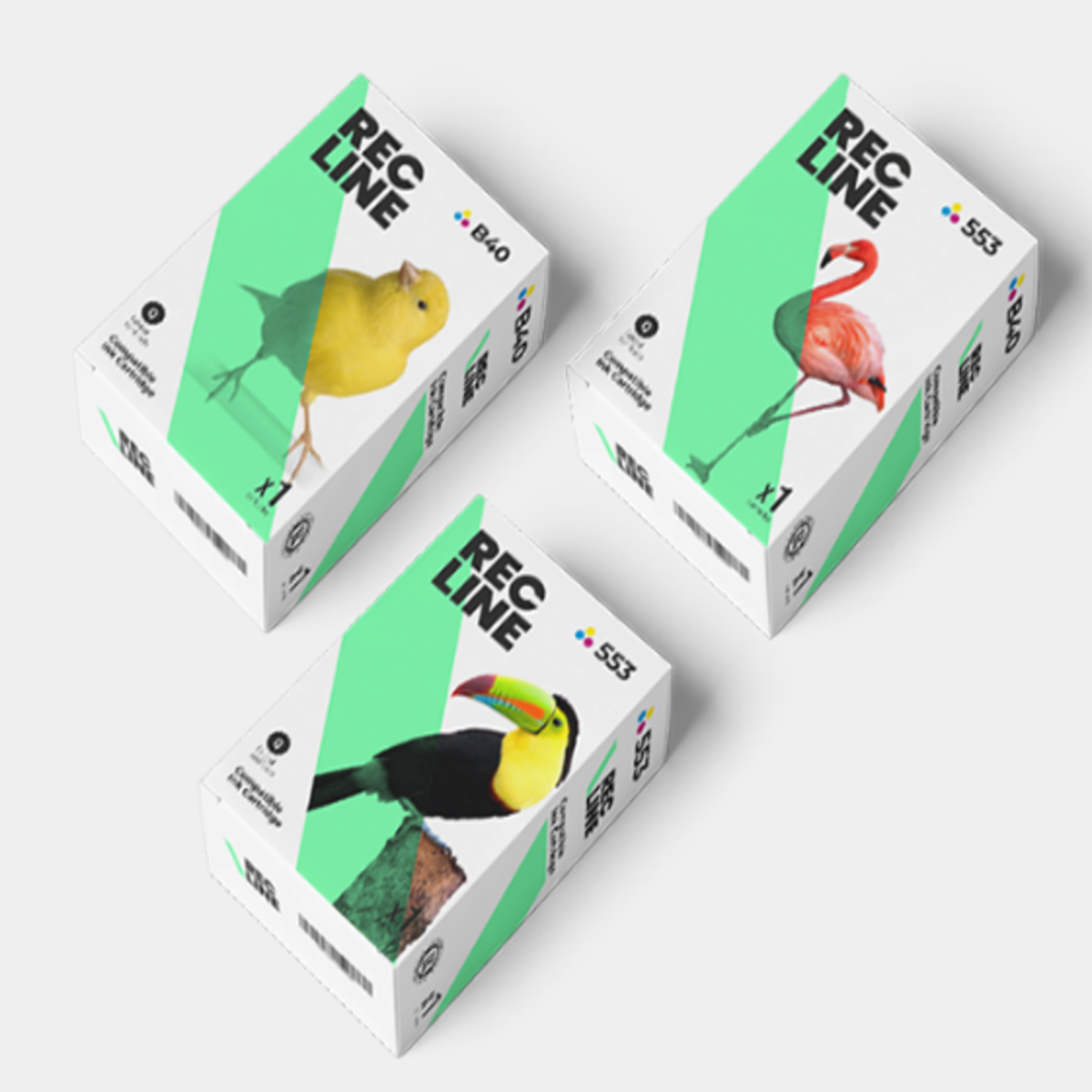 Tres cajas de cartuchos de tinta. Cada una tiene una ilustración de ave diferente. Fondo blanco.