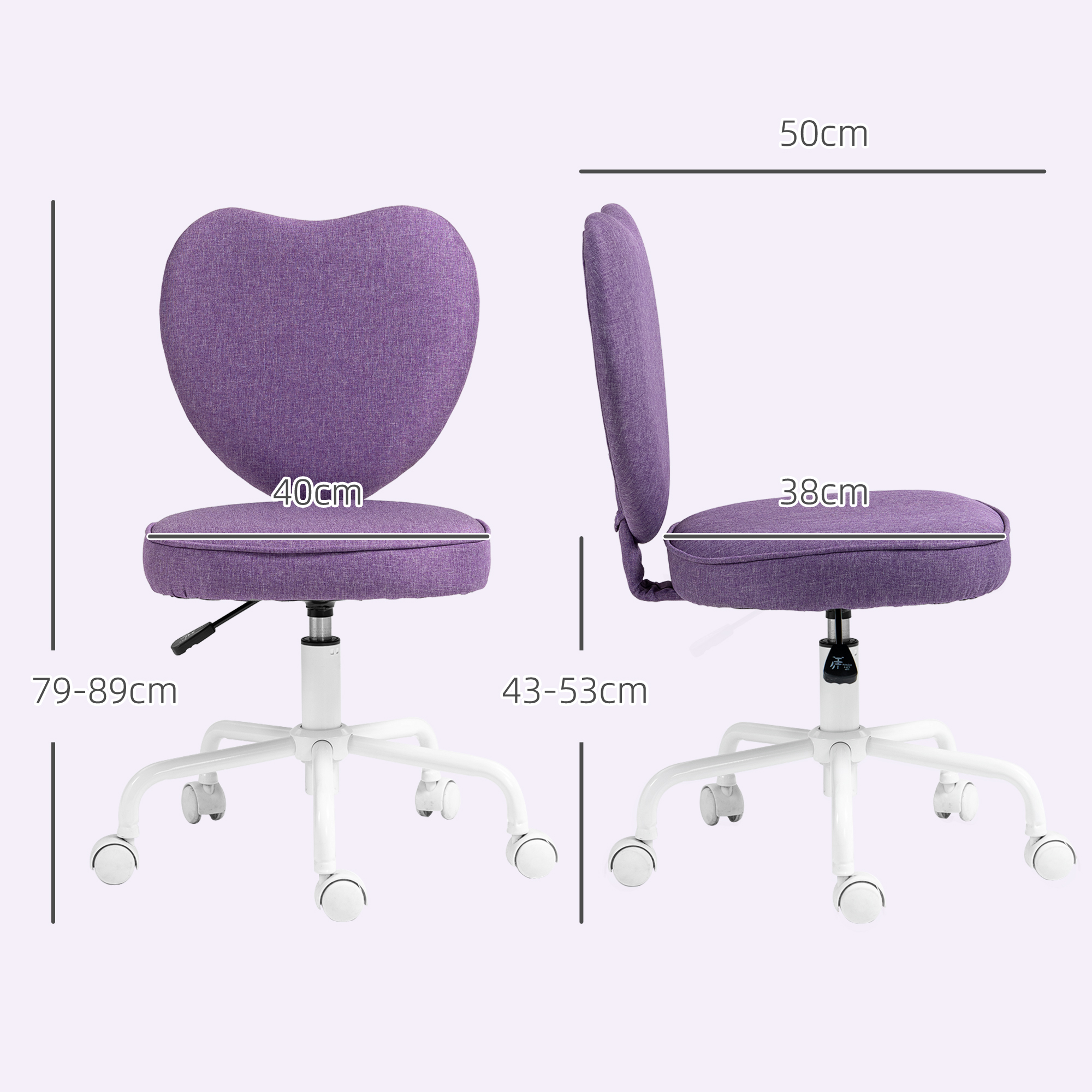 Sedia viola con schienale a cuore, con dimensioni. Base bianca, ruote e regolazione altezza.