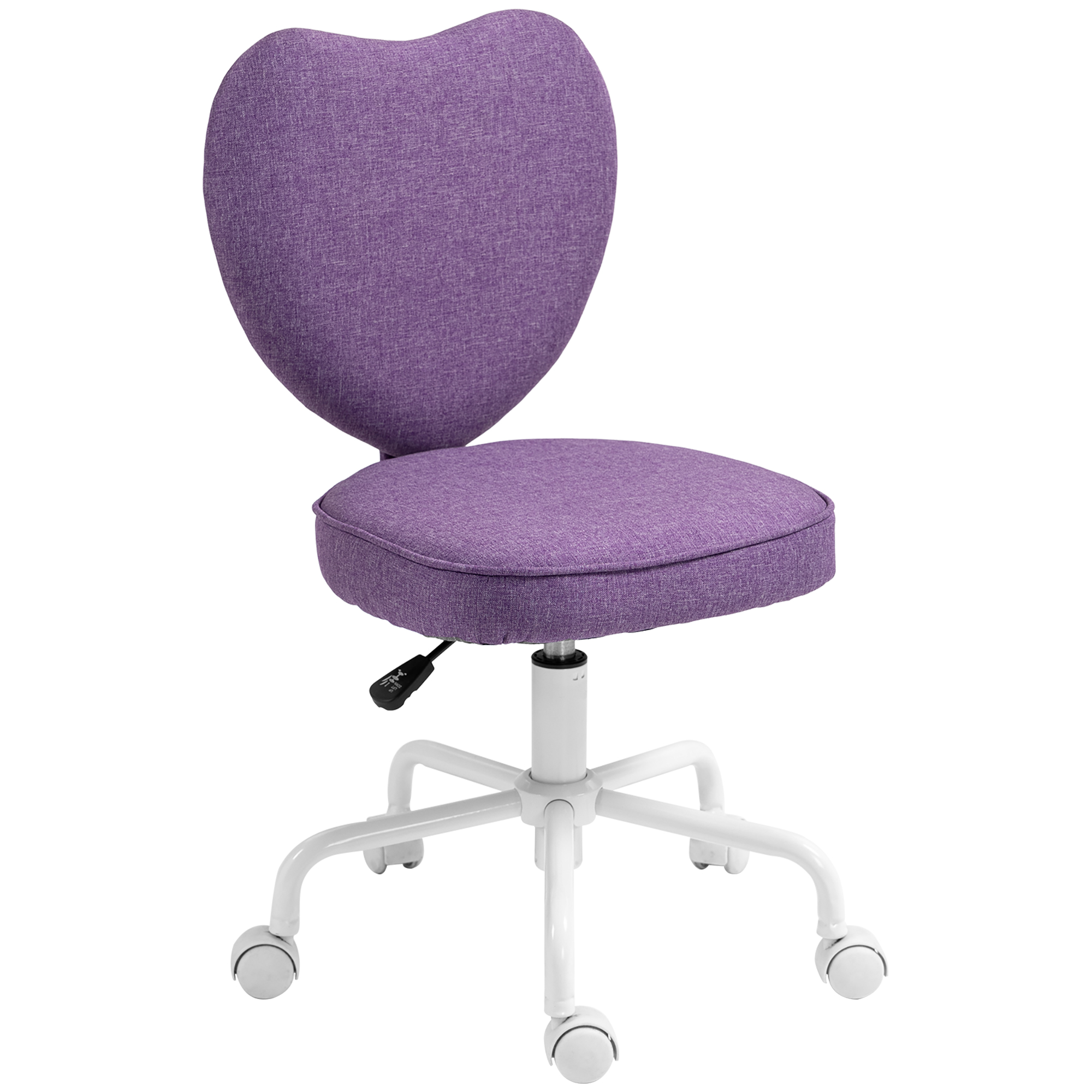 Sedia con schienale a forma di cuore viola con telaio bianco, su sfondo bianco.