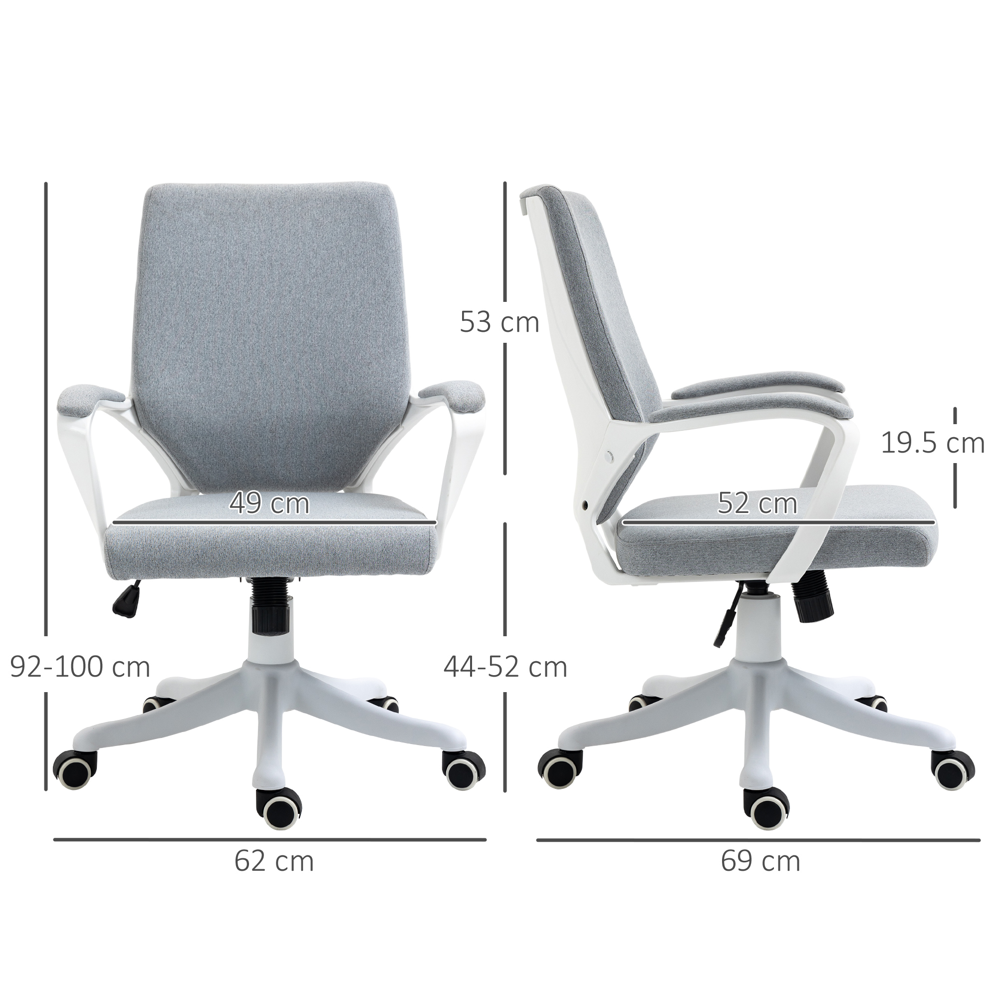 Sedia da ufficio, tessuto grigio, telaio bianco, dimensioni indicate. Viste frontale e laterale.