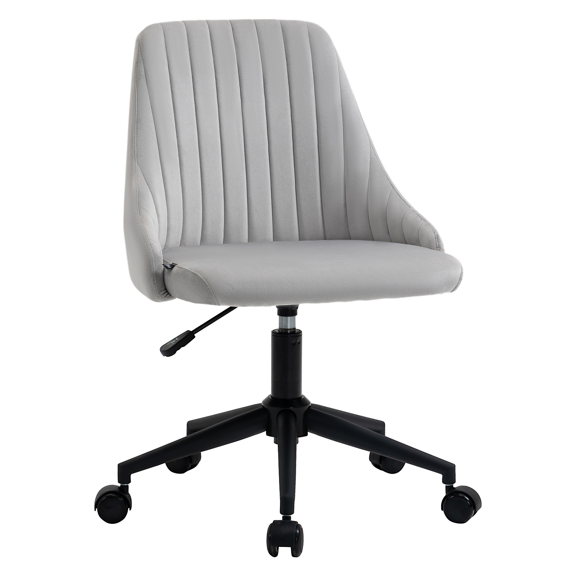 Sedia da ufficio grigia con base nera. Linee verticali sullo schienale.