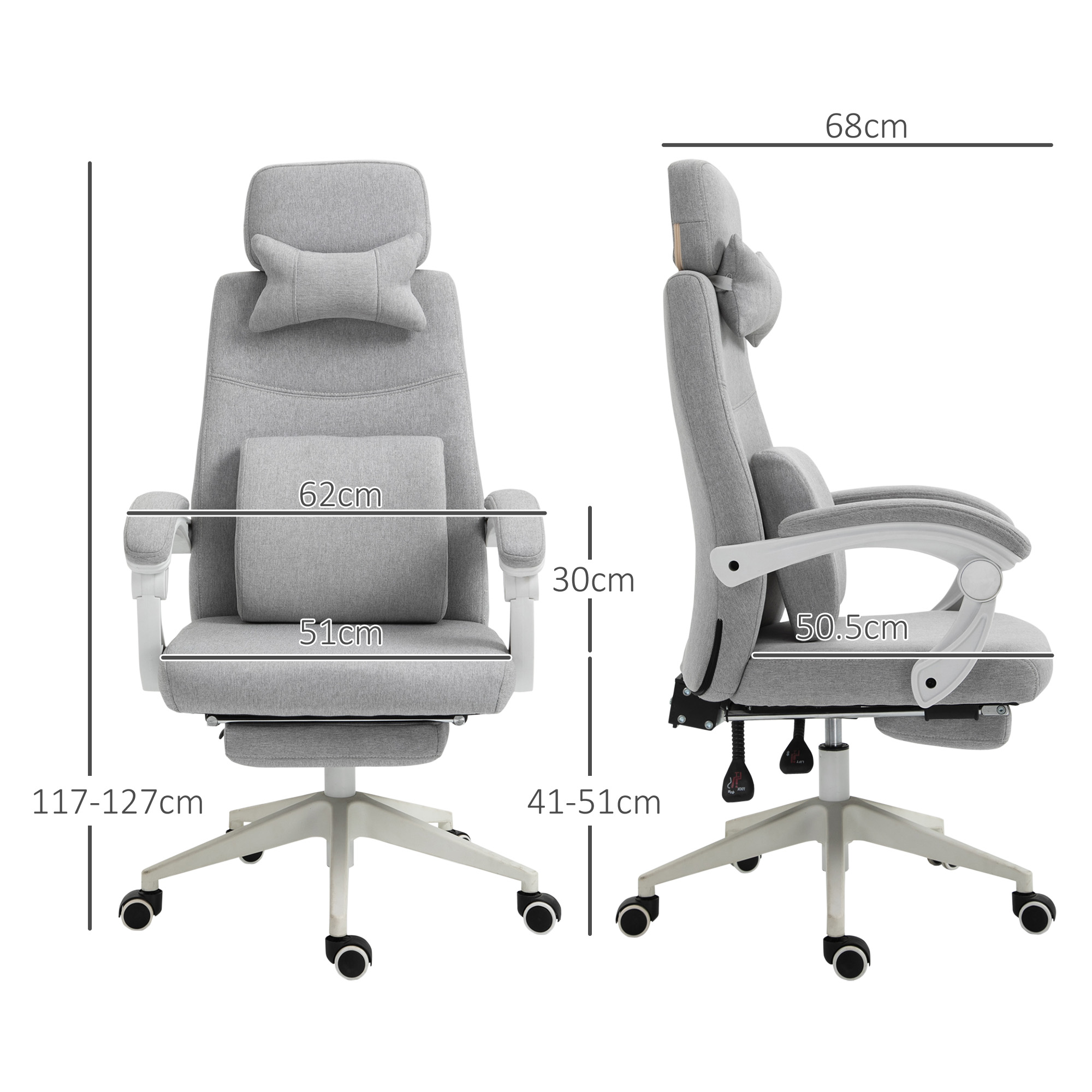 Sedia da ufficio ergonomica grigia con dimensioni etichettate.