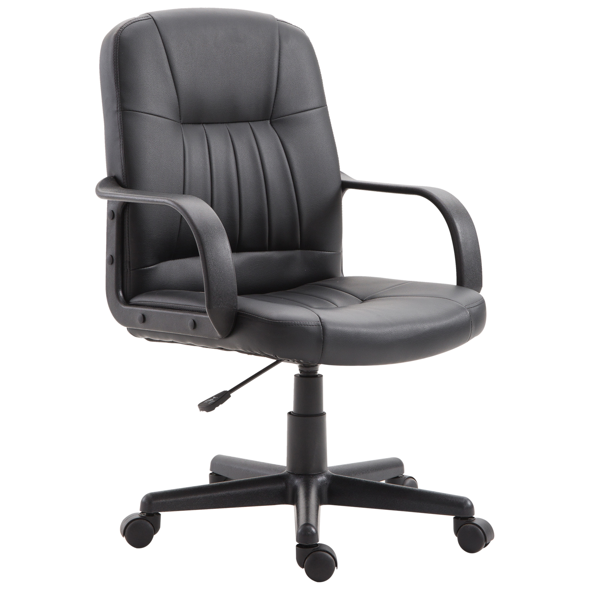 Una sedia da ufficio nera su sfondo bianco, con braccioli.