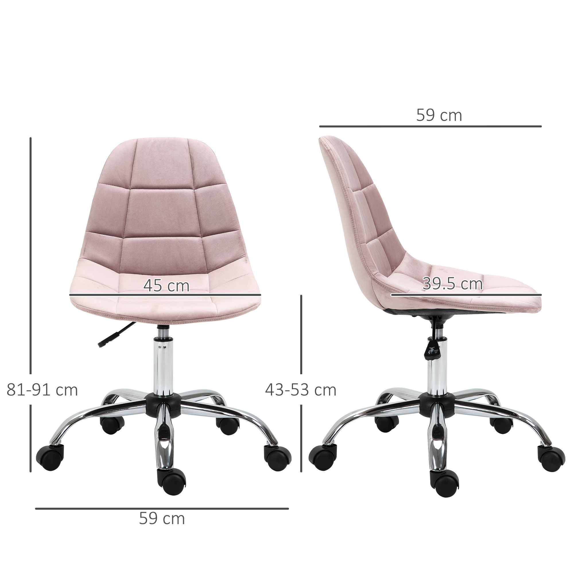 Sedia rosa con dimensioni. Base cromata, ruote e regolazione altezza.