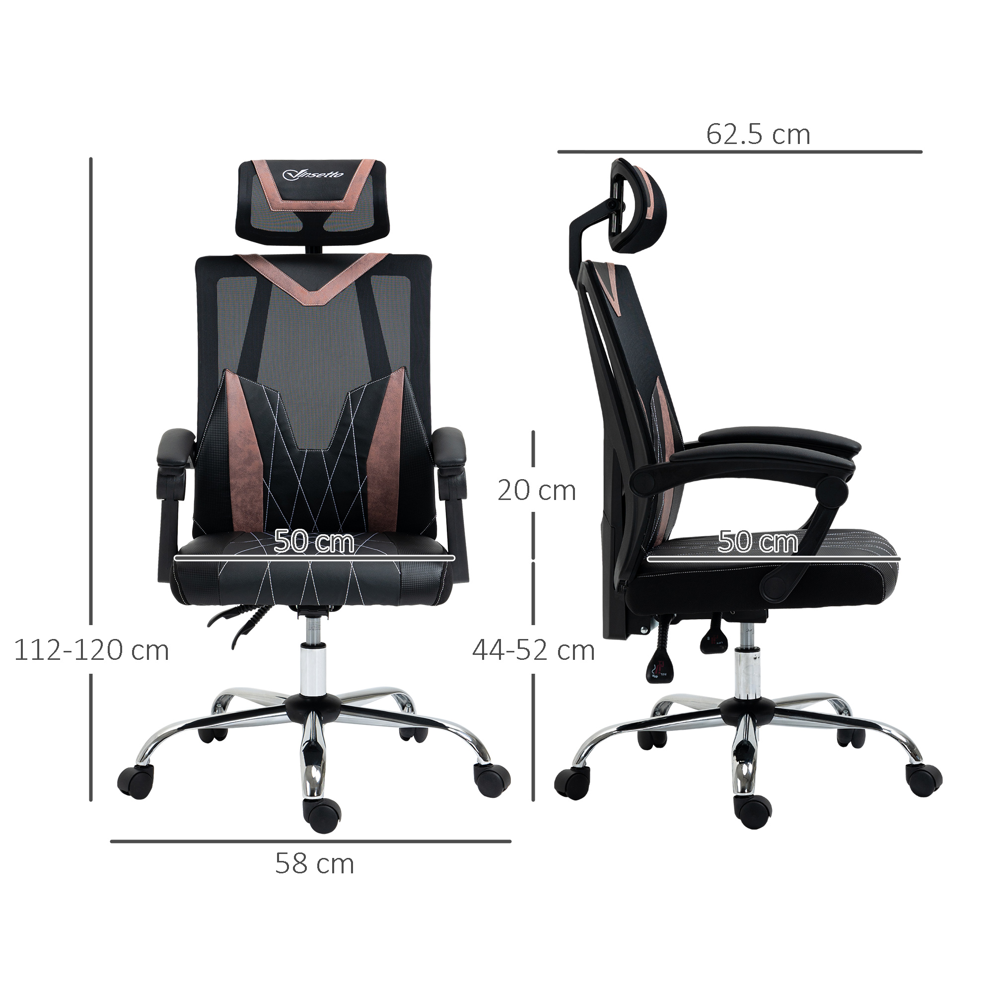 Sedia da ufficio in rete nera e rosa. Ha un poggiatesta, braccioli e dimensioni segnate nell'immagine.