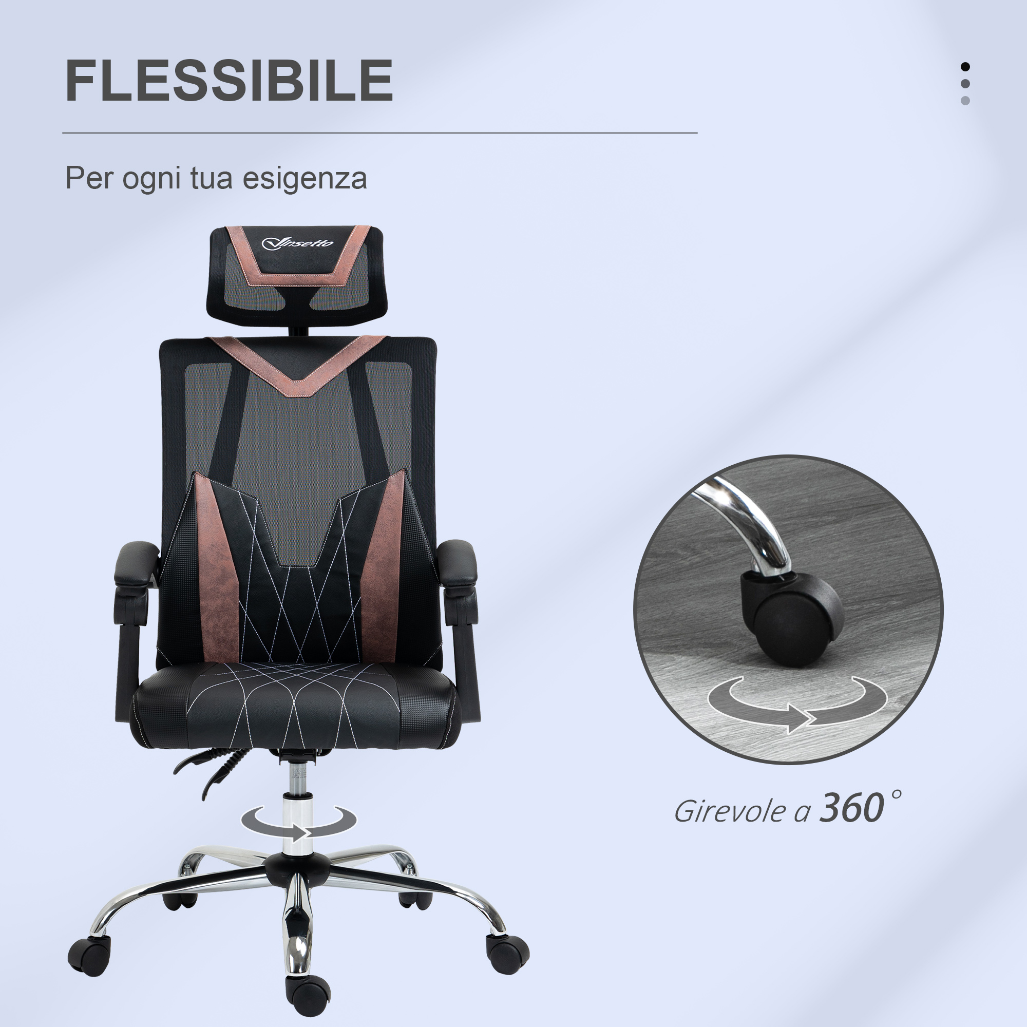 Sedia gaming nera e rosa con base girevole a 360 gradi e testo.