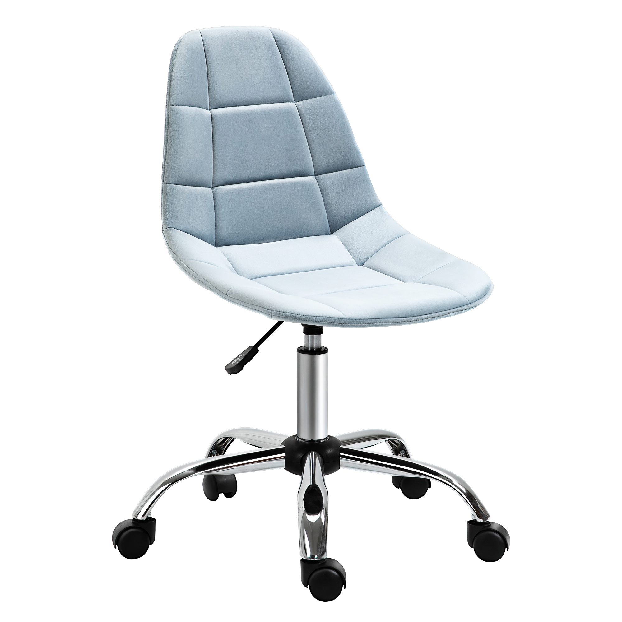Sedia da ufficio azzurra. La sedia ha seduta e schienale imbottiti, base cromata e ruote.