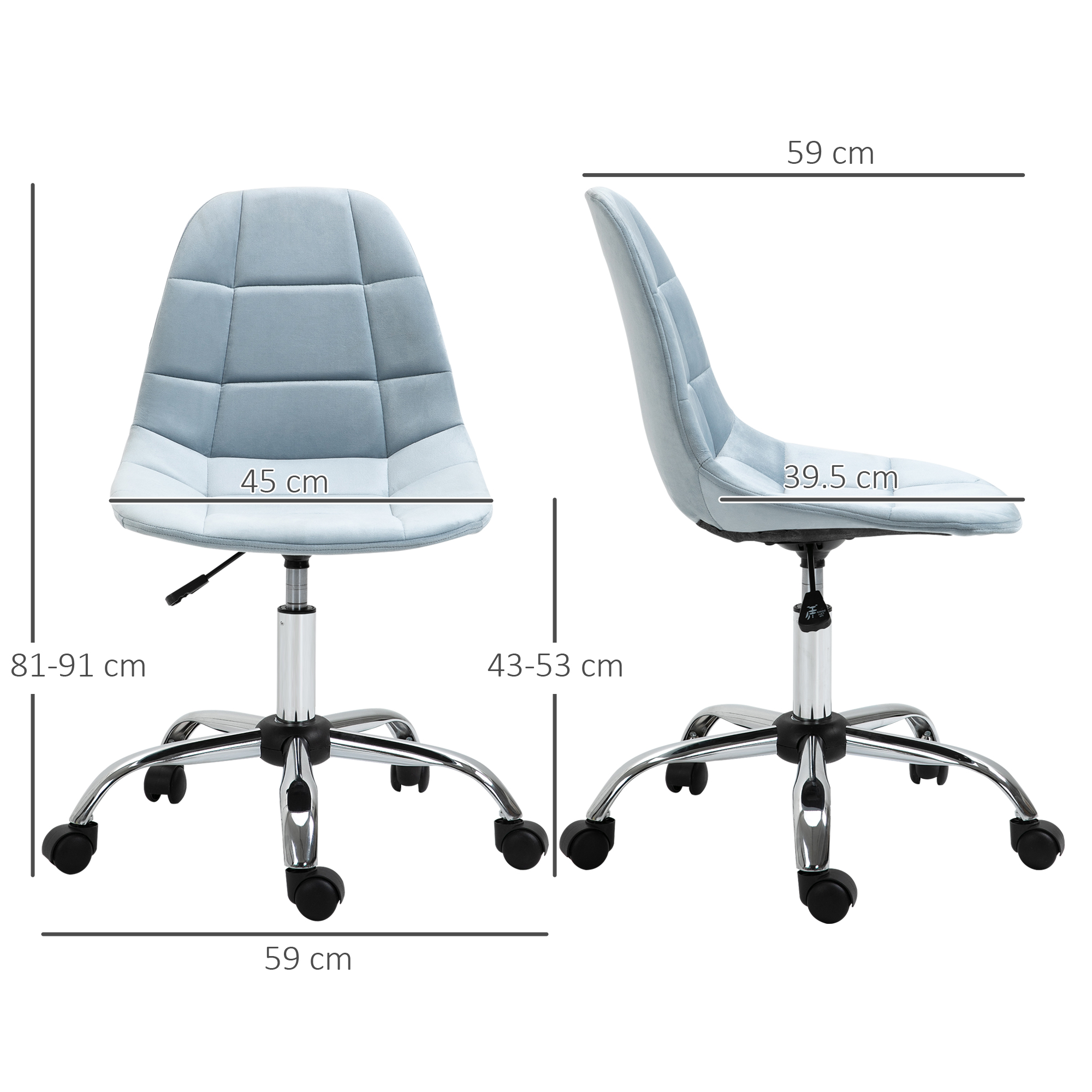 Sedia da ufficio in velluto blu, dimensioni: 45 cm di larghezza, 81-91 cm di altezza, base di 59 cm.