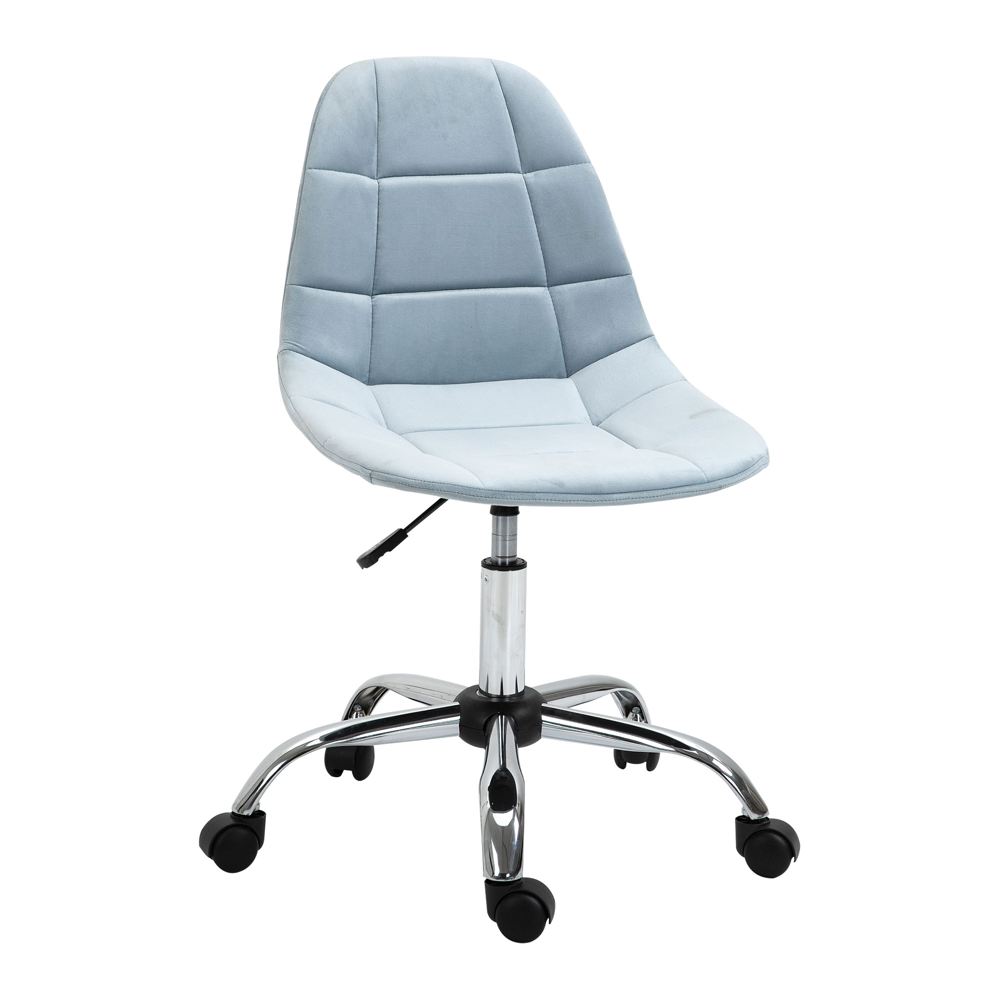 Sedia da ufficio imbottita azzurra su sfondo bianco. Base cromata.