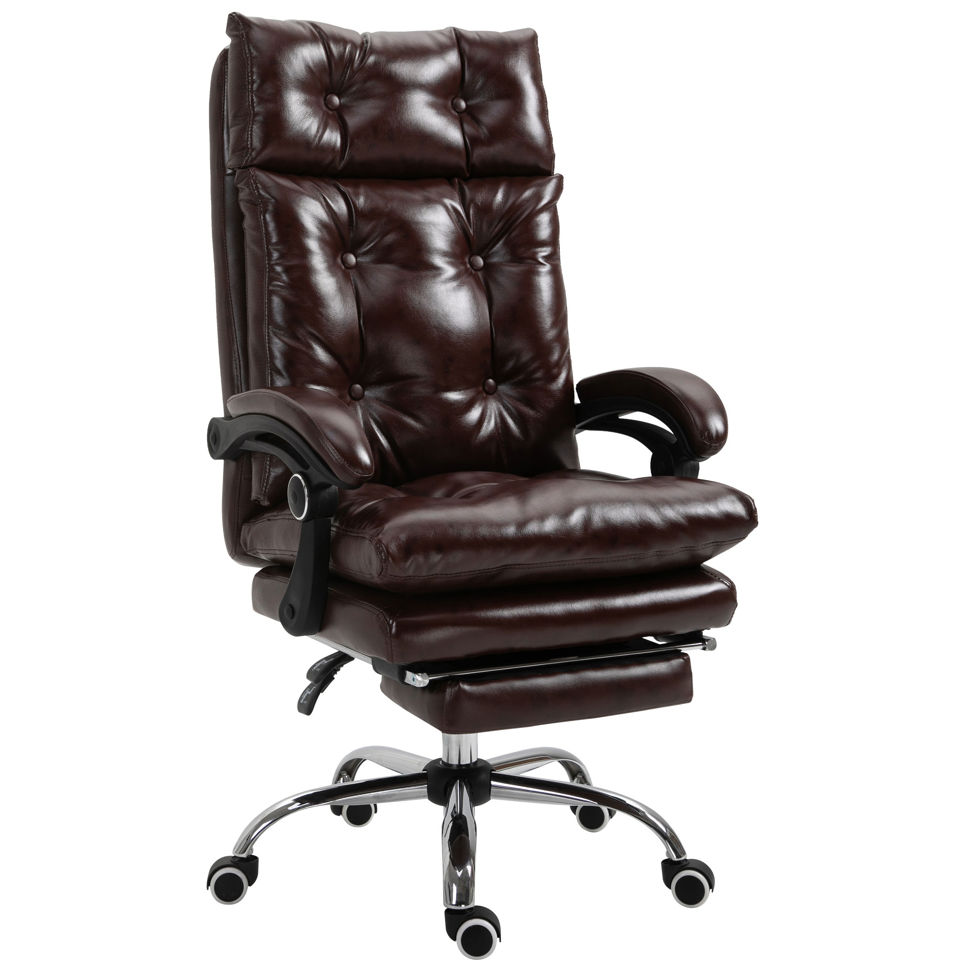 Sedia da ufficio in pelle marrone con design trapuntato. Braccioli e poggiapiedi. Base cromata.