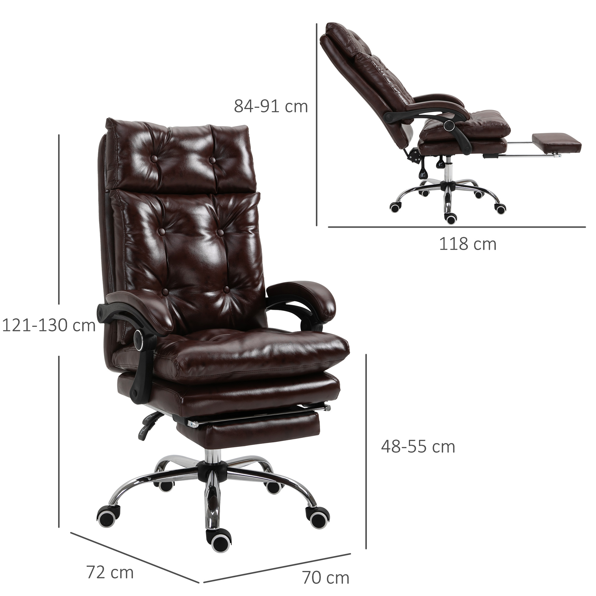 Sedia da ufficio in pelle marrone con poggiapiedi esteso. Le dimensioni in centimetri sono indicate sulla sedia.