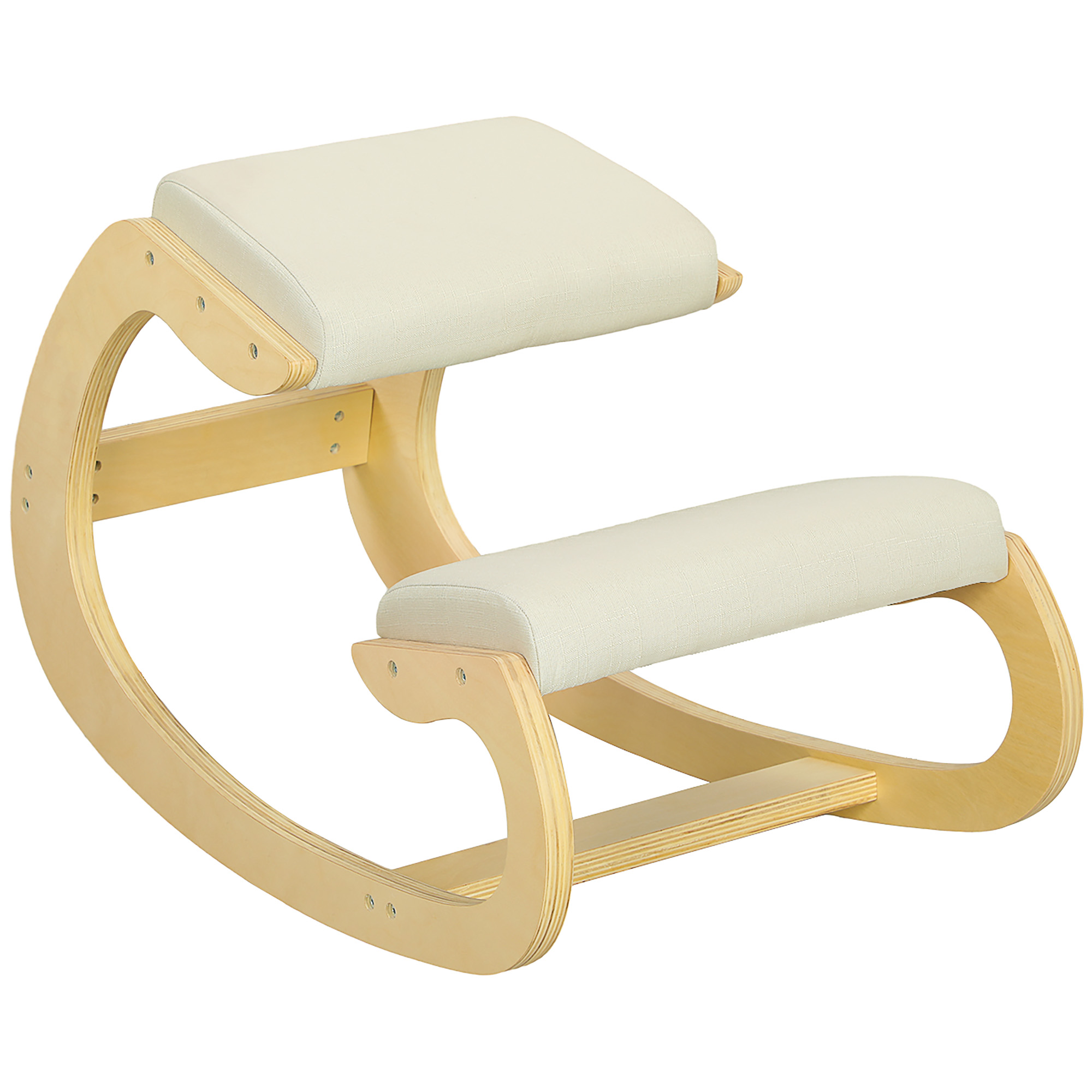 Sedia in ginocchio in legno con sedile e ginocchiera color crema.