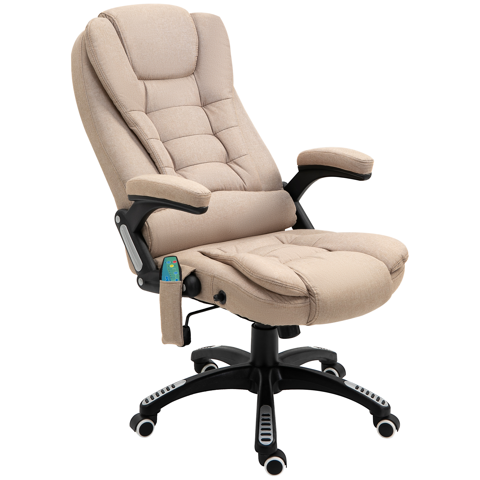 Una sedia da ufficio beige con braccioli, poggiatesta e base nera.